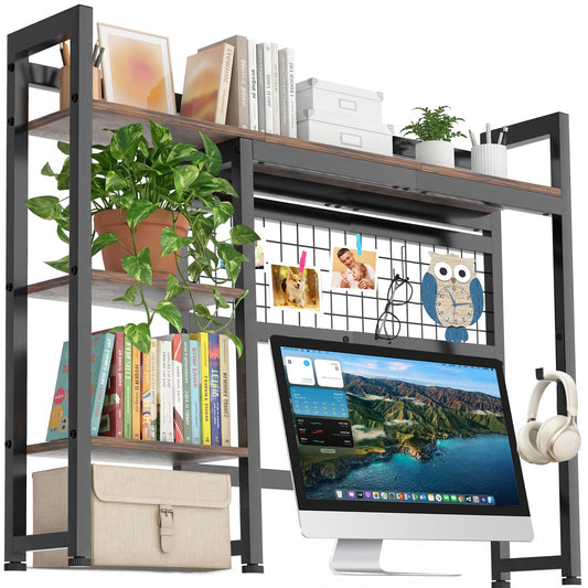 GYXZ Desktop Shelf, 38.5'' Desktop Organizer Shelf for Computer Monitor, 4 Tier Hutch Storage Rack for Home Office Dorm, Rustic Brown