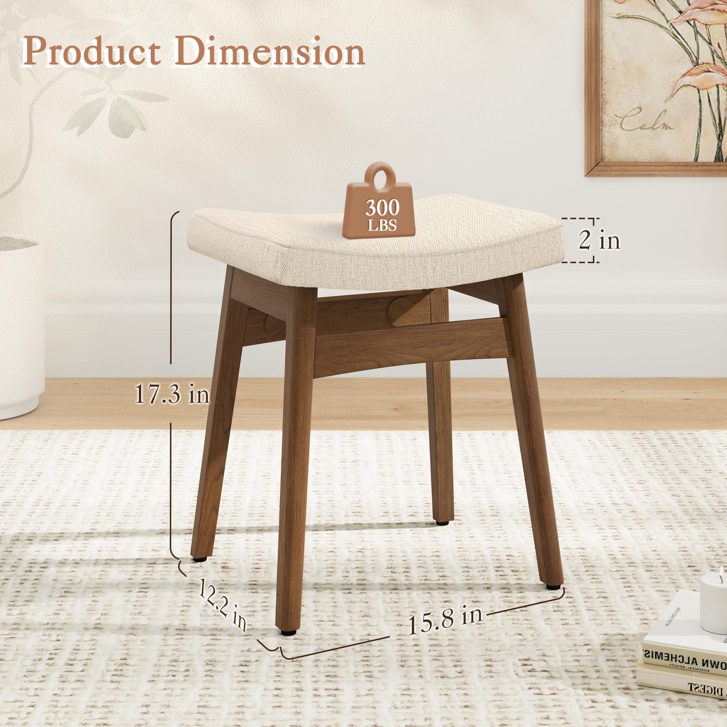 LUE BONA Solid Wood Vanity Bench Stool, 17.3" H Ergonomic Saddle Stool, 2'' Sick Upholstered Vanity Chair for Makeup Room, Bedroom & Bathroom, 300lbs, Linen
