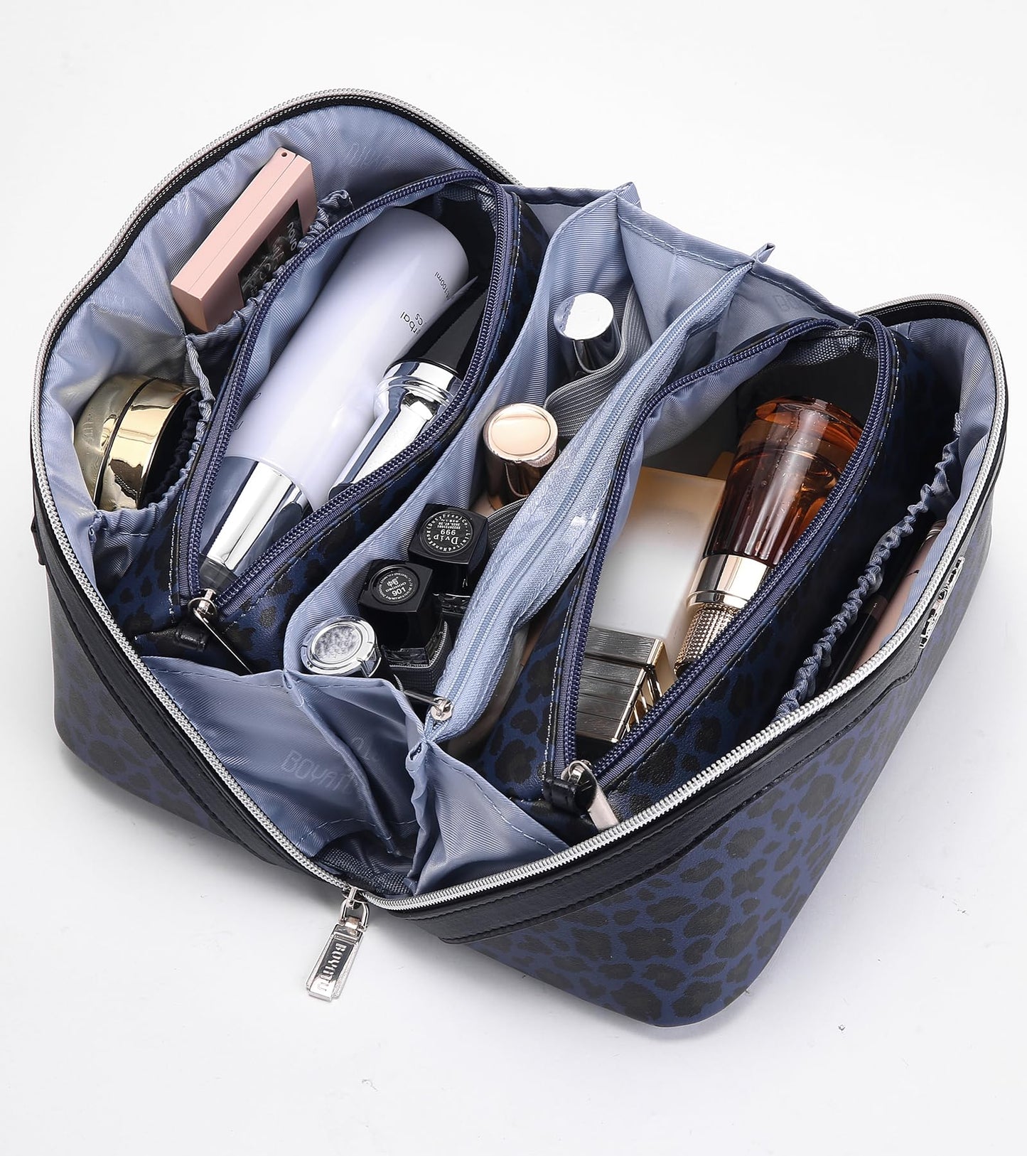 BOYATU Travel Makeup Bags Cosmetic Organizer Bag: 3 Pcs Set Large Capacity Make up Bag with Compartments - Waterproof Leather Toiletry Bags with Handle for Women (B-Blue)