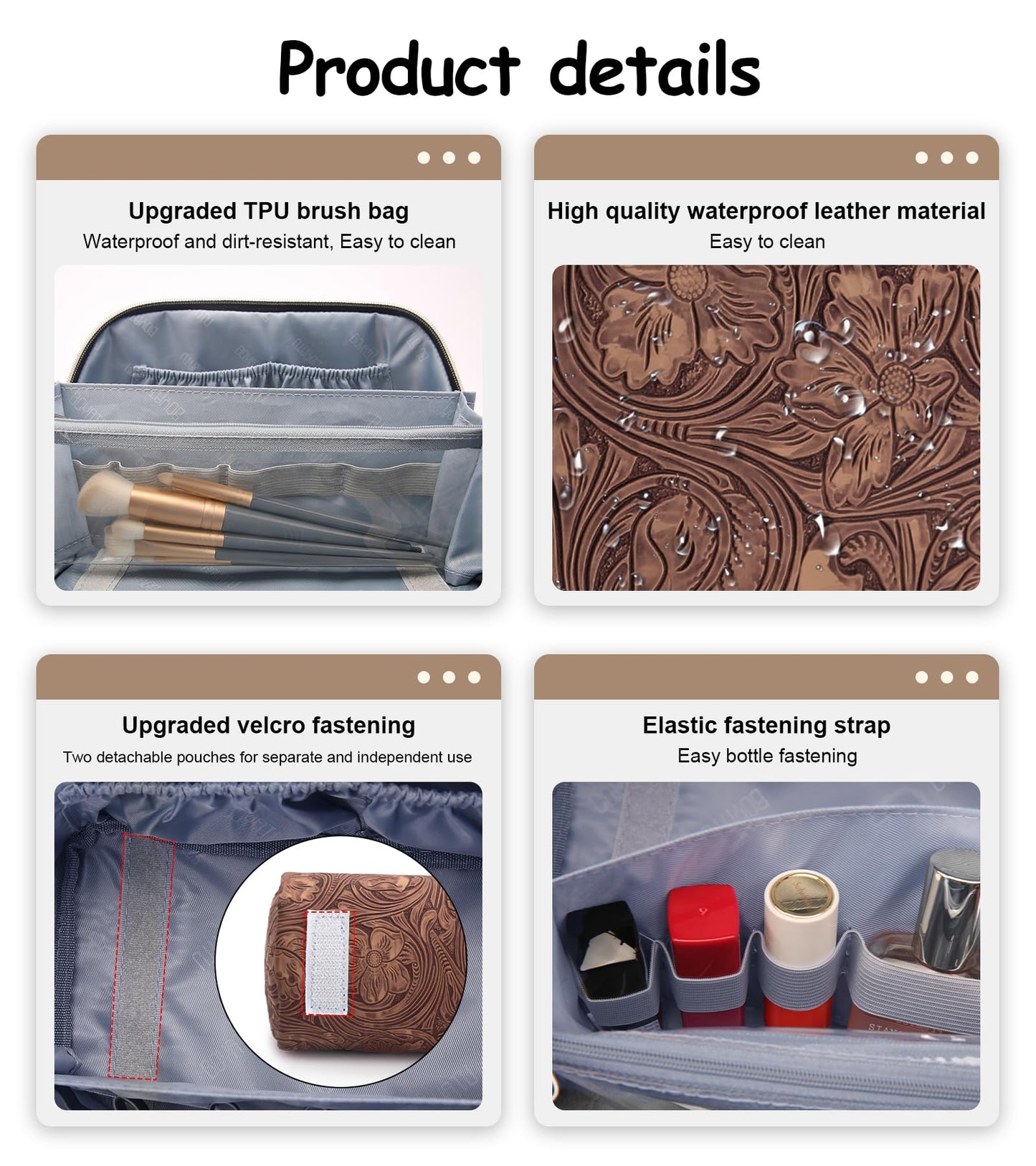 BOYATU Travel Makeup Bags Cosmetic Organizer Bag: 3 Pcs Set Large Capacity Floral Make up Bag with Compartments - Waterproof Leather Toiletry Bags with Handle for Women (19-Brown)