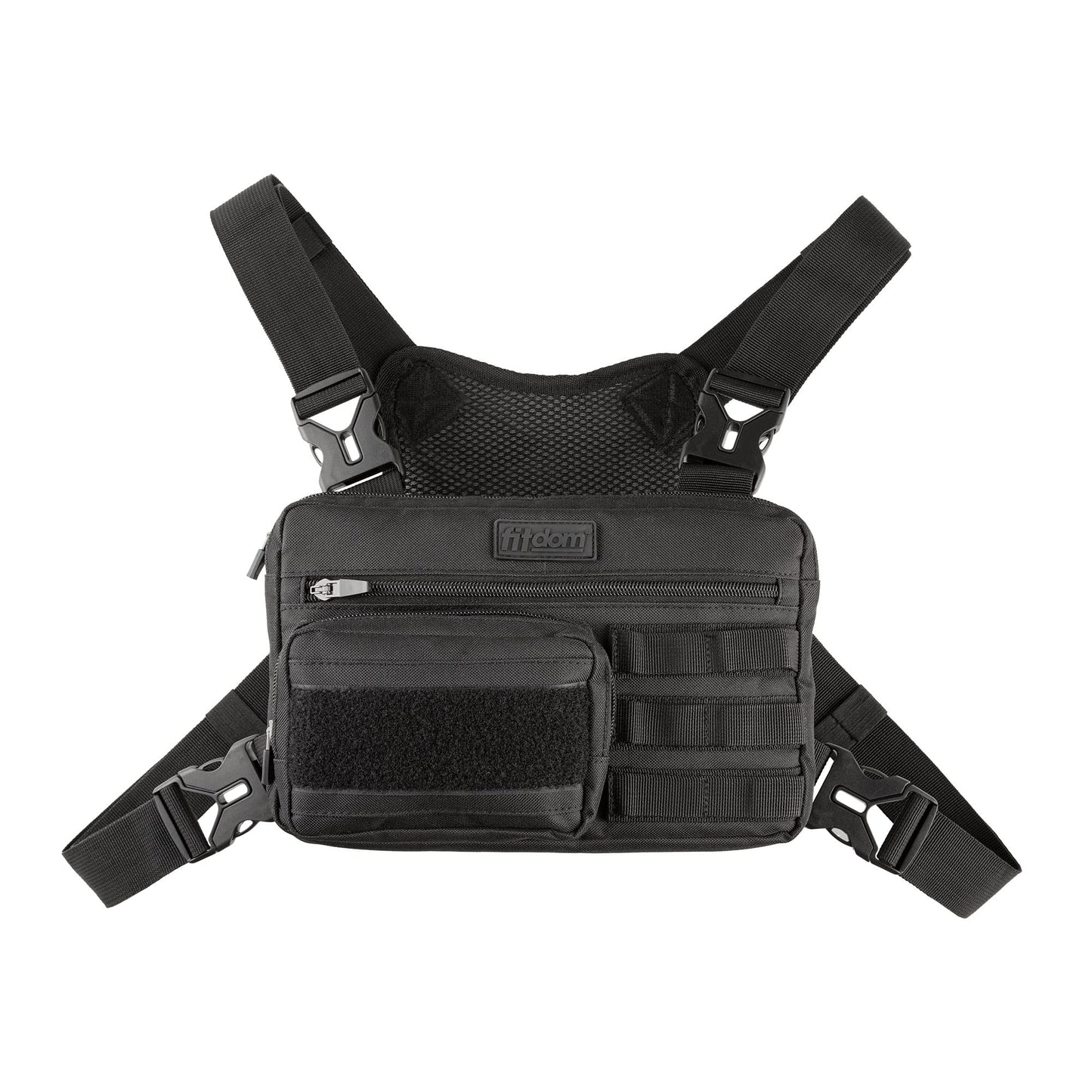 Fitdom Tactical Inspired Lightweight Running Chest Pack For Men With Built-In Phone Holder. A Sports Utility Rig Vest Made For Workouts And Outdoor (Maximum Stability, Blaack)