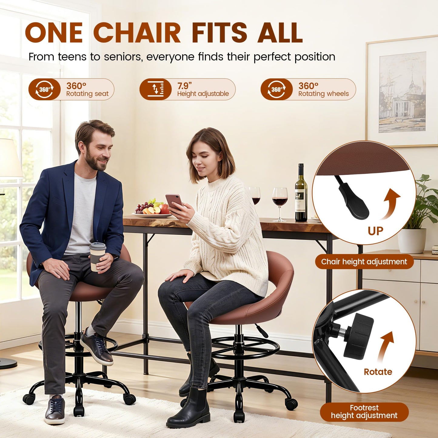 Stella Mia Bar Stool with Back Support – PU Leather Drafting Chair, Adjustable Foot Rest & Rolling Wheels, Swivel Tall Stool for Kitchen Island, Salon, Vanity, Standing Desk, Brown