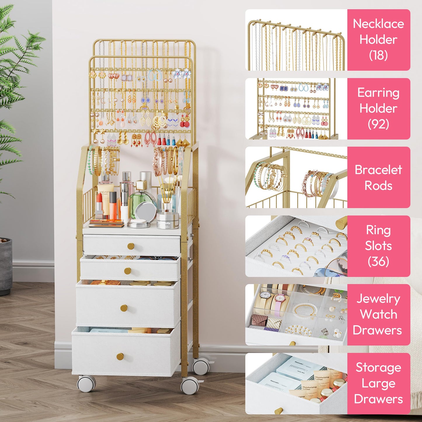 SWTYMIKI Gold Jewelry Organizer Stand - Multifunctional Rack Tower for Necklace, Earring, Ring & Bracelet Display - Moveable Storage Jewelry Holder Stand with 4 Nonwoven Drawers for Bedroom Gold