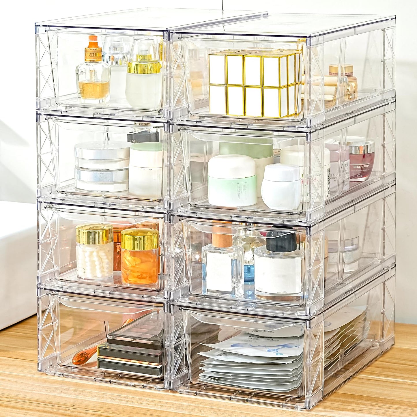 8 Pack Acrylic Storage Drawers, Clear Stackable Storage Drawers, Acrylic Organizers Drawers for Under Sink, Pantry, Bathroom, AcrylicStorage Containers for Makeup Organizers Cosmetic Display, Medium
