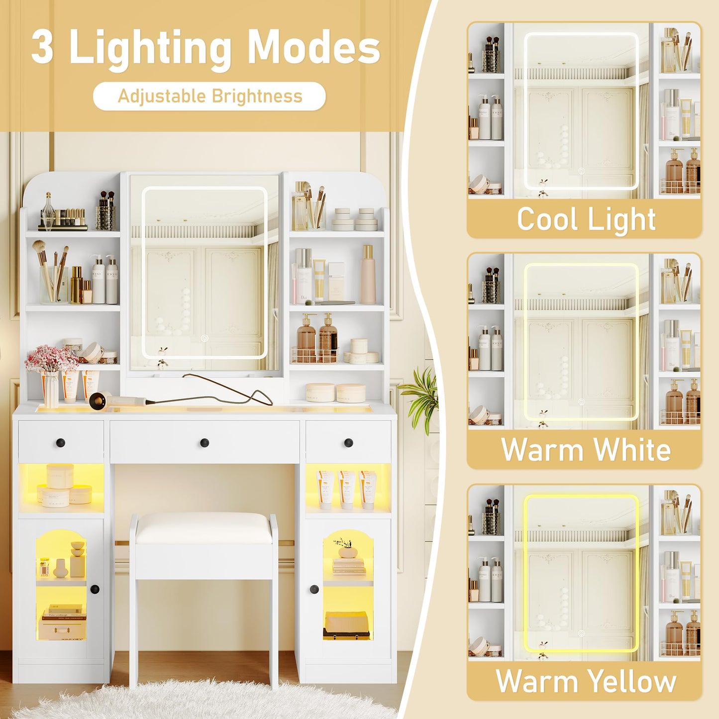 43.2" Vanity Desk with LED Mirror and RGB Glass Light Cabinets, Dressing Table with 3 Drawers, Storage Shelves, Glass Top, Adjustable 3-Color Lighting, Charging Station and Stool for Bedroom, White