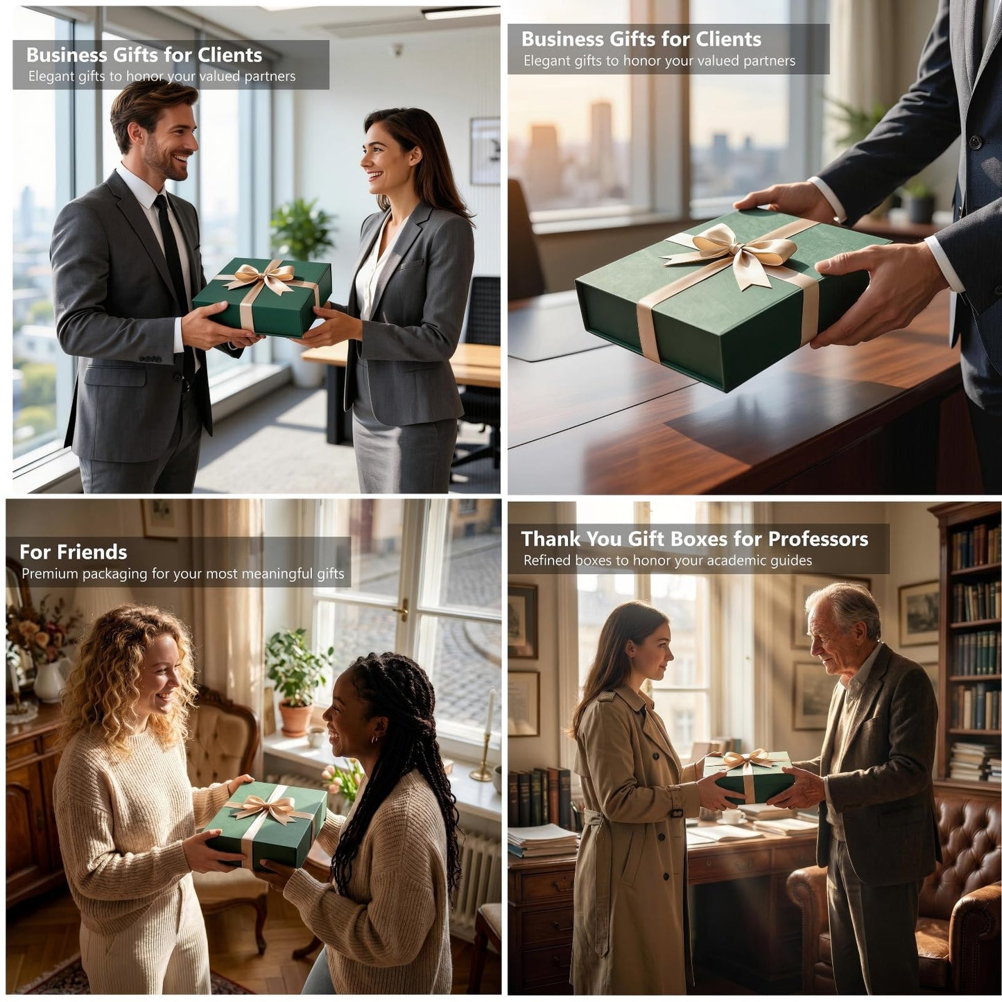 QDHATYME Gift Boxes Set of 3, Magnetic Closure Gift Box, 11.81x8.46x3.35 Inches Collapsible Luxury Gift Packaging Box with Gift Card & Champagne Ribbon, Reusable Present Box for Birthday, Wedding, Christmas, Mother's Day, Father's Day, Graduation, All Occ