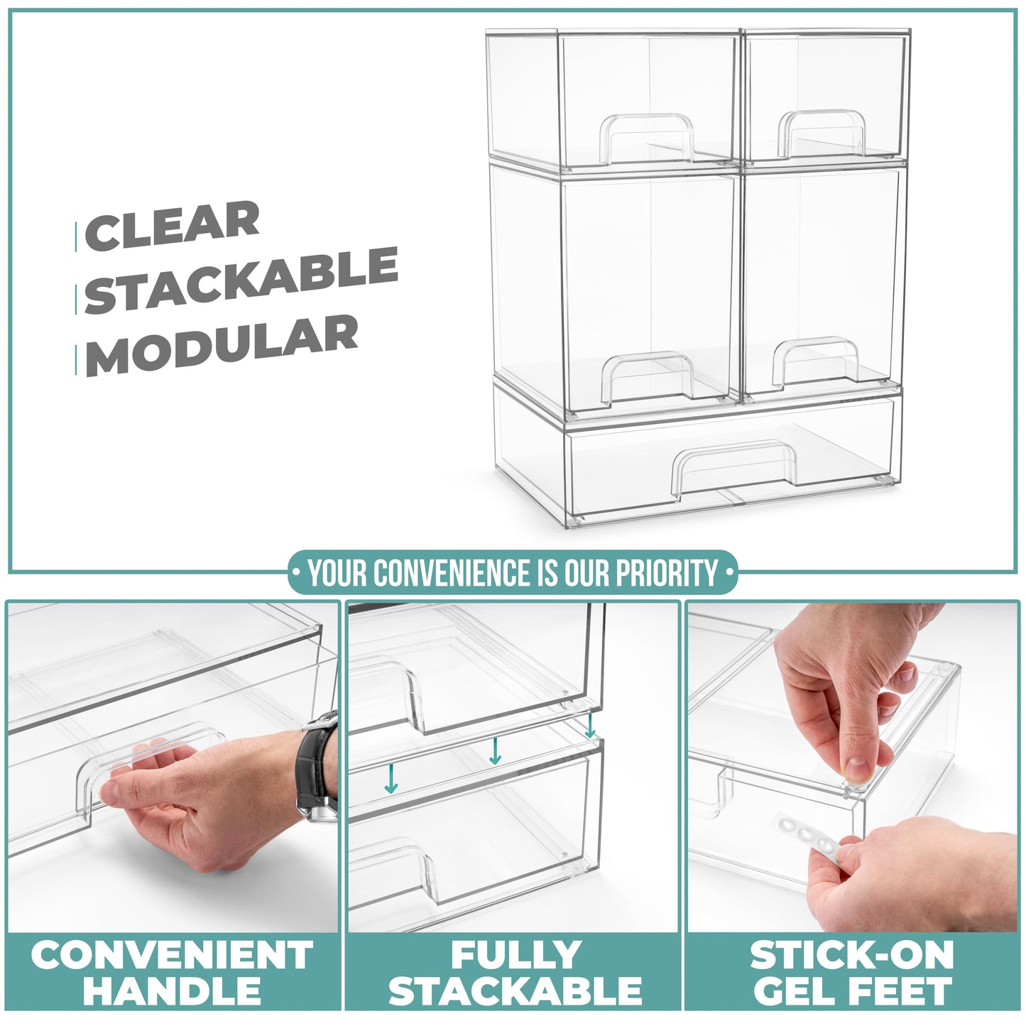 Sorbus Acrylic Storage Containers - 5 Pack, Stackable Storage Bins Set for Bathroom Organization - Clear Acrylic Drawer Organizers - Makeup Case Pull-Out Drawers (7.6’’ and 4.4’’ Tall and 12.1’’ Wide)