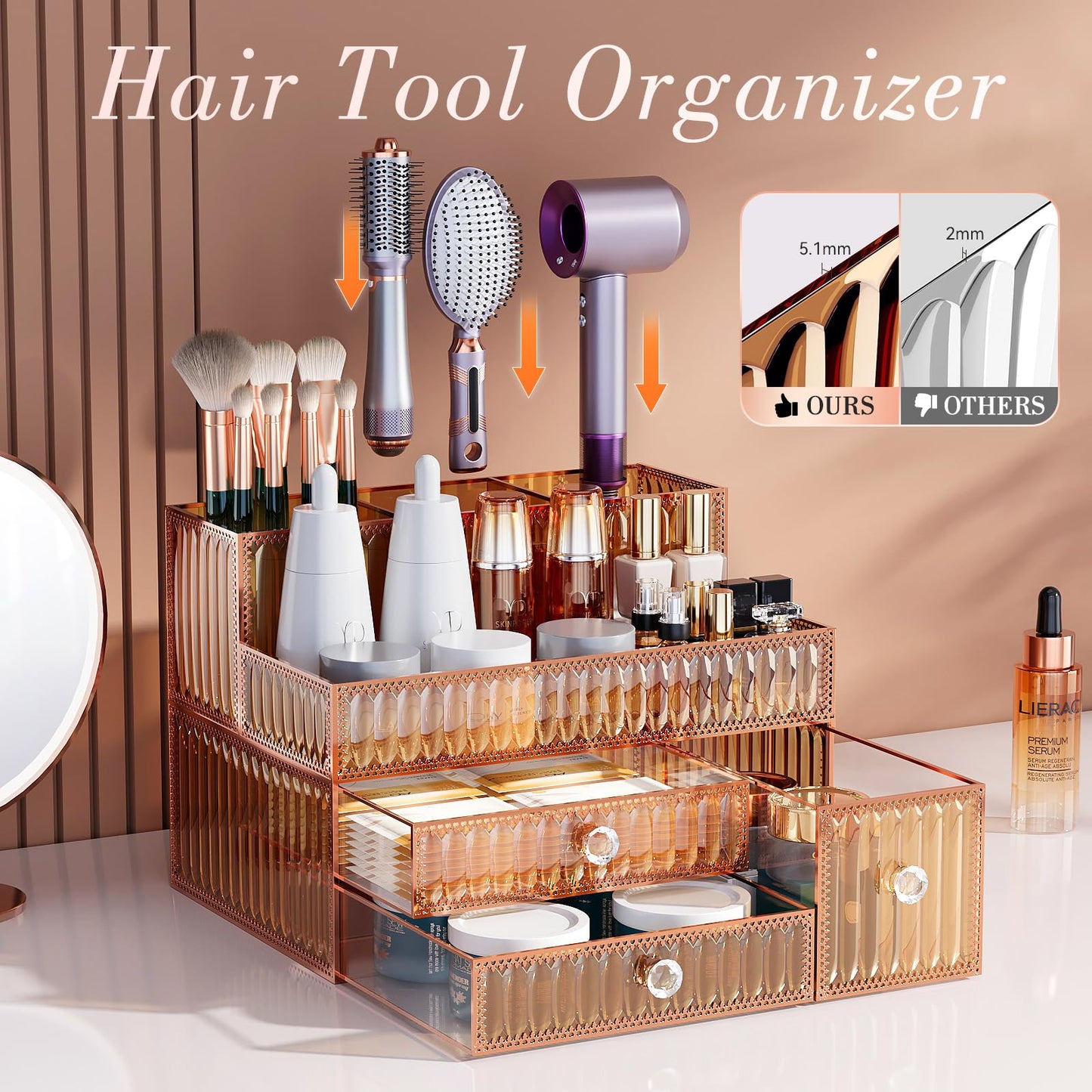 Youdepot Makeup Organizer Golden- Tempered Glass Vanity Organizer for Cosmetics, Skincare, Hair Tools, Brushes, Perfume - Multipurpose Bathroom Counter Skincare Organizer