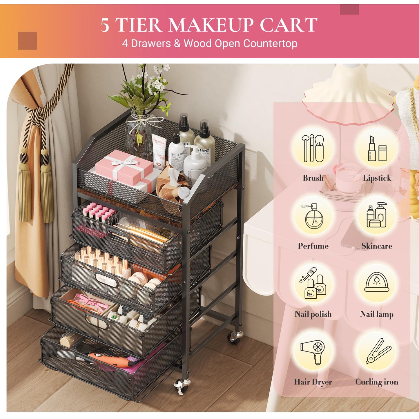 Goovilla Rolling Makeup Organizer Cart with Drawers, 5 Tier Metal Floor Skincare Vanity Organizers with Lockable Wheels, Make Up Storage Cart for Cosmetics Display, Nail Polish, Perfume, Black