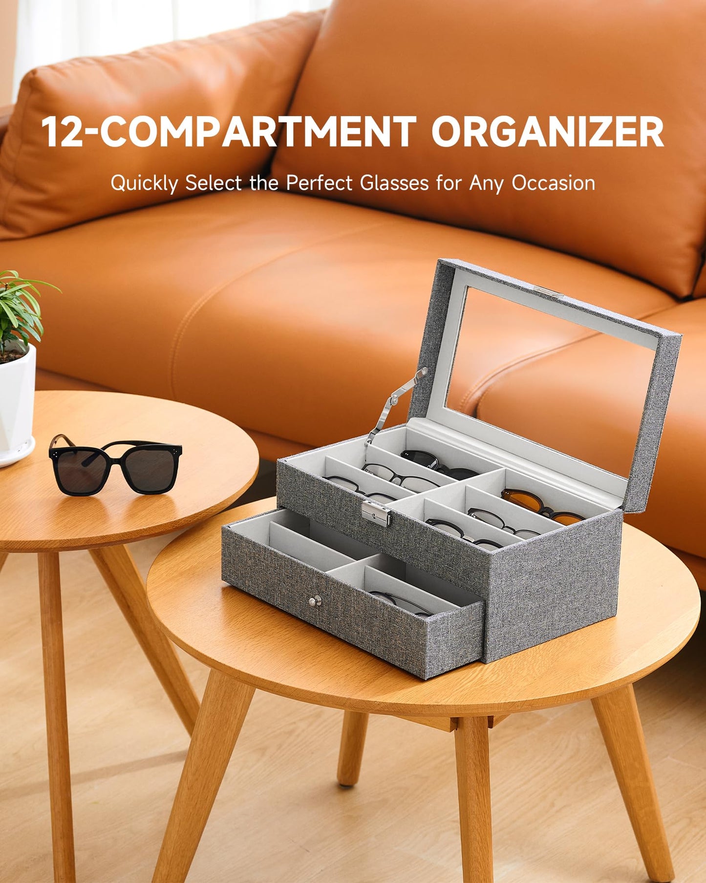 CO-Z Sunglasses Organizer with 12 Slots, Linen Eyeglasses Storage Box for Women Men, 2 Story Lockable Display Case for Multiple Glasses, Sunglasses Jewelry Collection Holder with Drawer, Grey