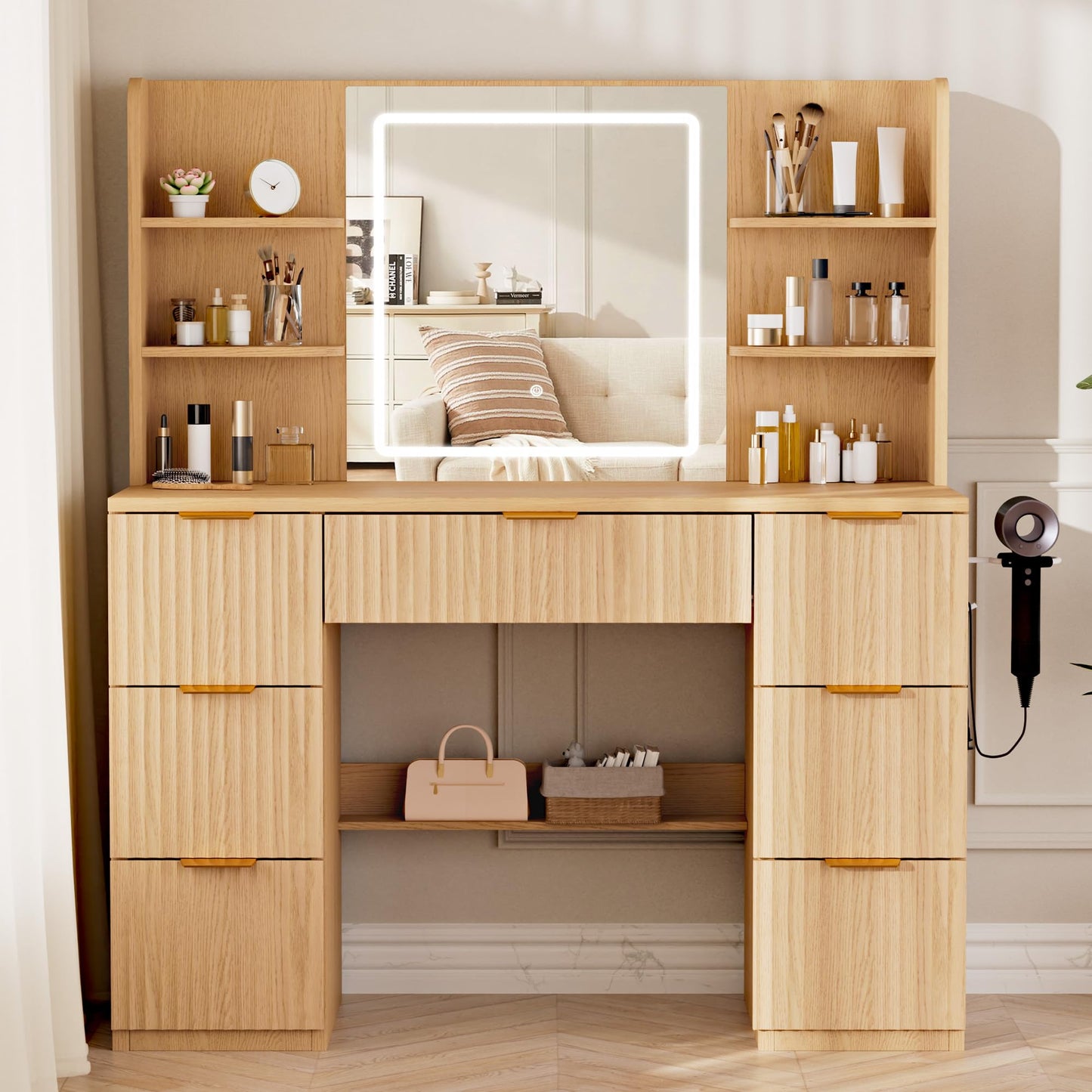 LIVELYGLOW 43" Large Natural Wood Makeup Vanity Desk with Charging Station