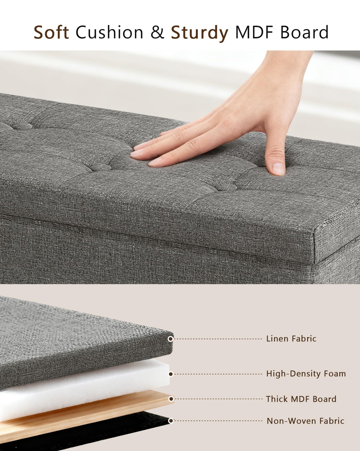 GLAXYFUR 43.3 inches Folding Storage Ottoman Bench Storage Chest Footrest for Bedroom, Entryway and Living Room, Holds up to 660 lb Dark Grey