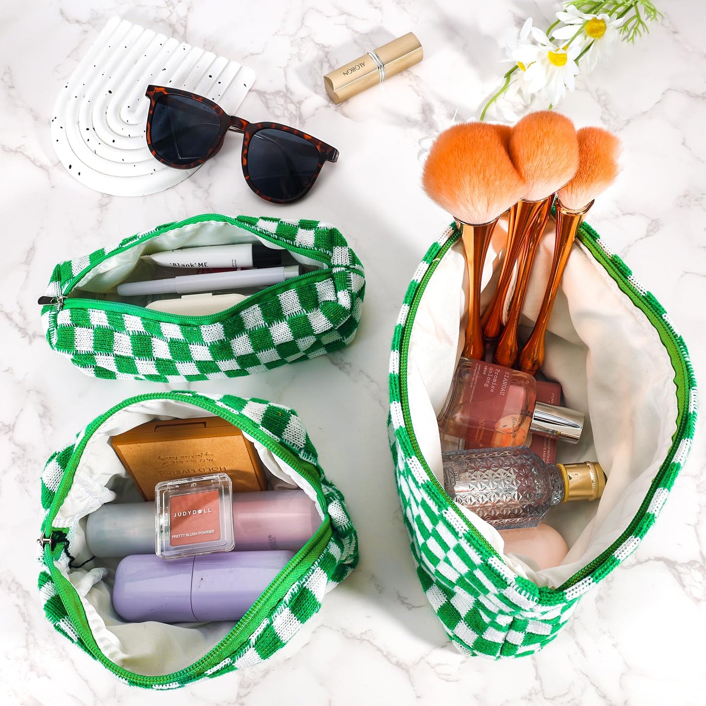 ZLFSRQ 3Pcs Checkered Makeup Bag for Women Large Small Checkered Cosmetic Bag Set Aesthetic Preppy Pencil Case Cute Pencil Pouch Green Makeup Pouch for Purse Travel Toiletry Bags Zipper Skincare Bags