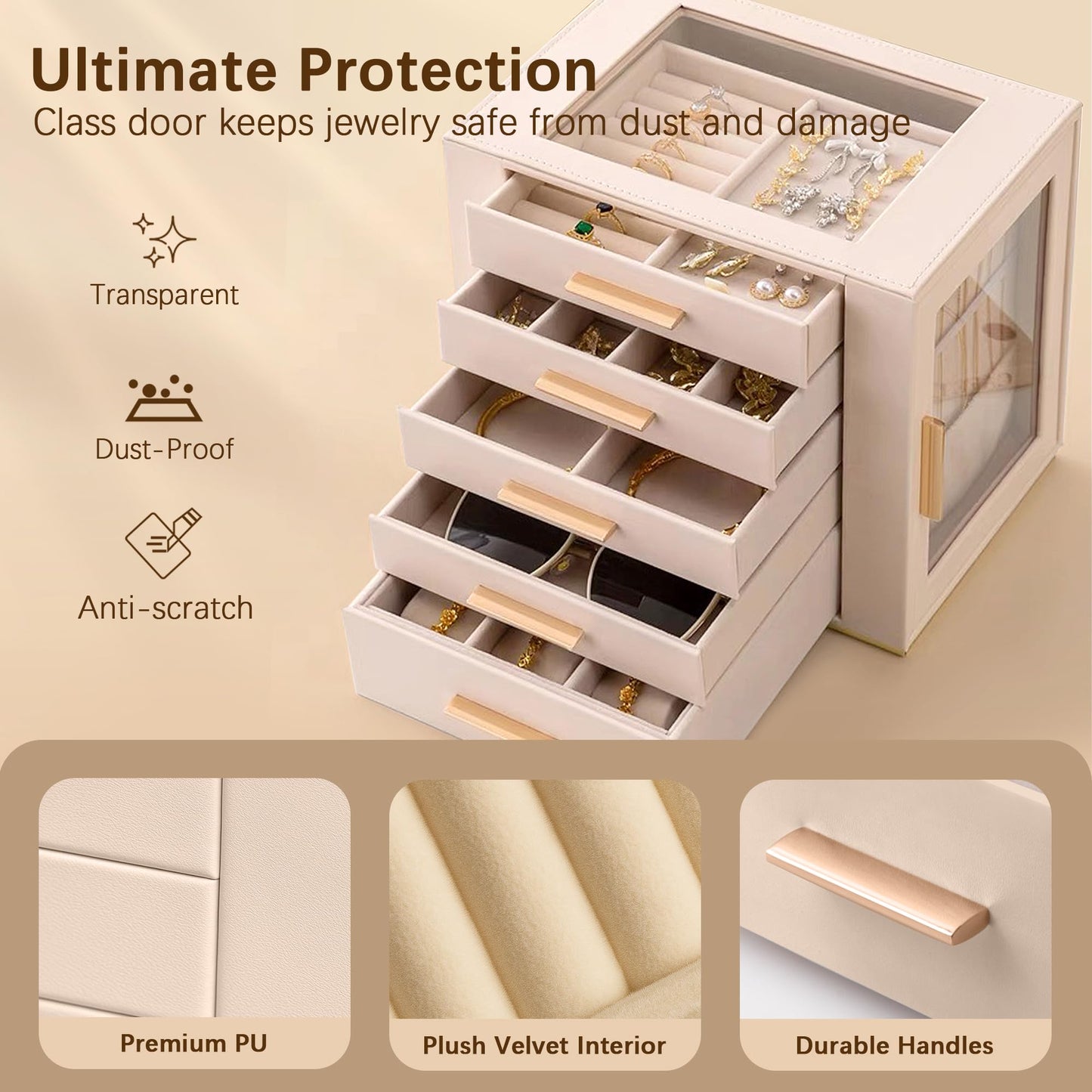Homeanda 5-Layer Jewelry Box for Women, Glass Lid Jewelry Organizer and Storage with 5 Drawers for Necklaces, Rings, Earrings, Bracelets, Gift for Girls and Teens,PU Leather (Beige)