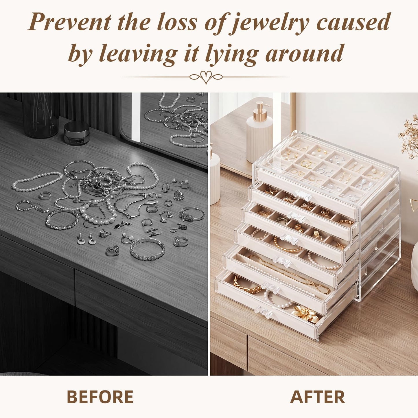 GlowSai Clear Jewelry Organizer Earring Holder Organizer, Jewelry Box with 6 Drawers Clear Acrylic Stackable Earring Case with Adjustable Velvet Trays for Women and Girls, Warm White