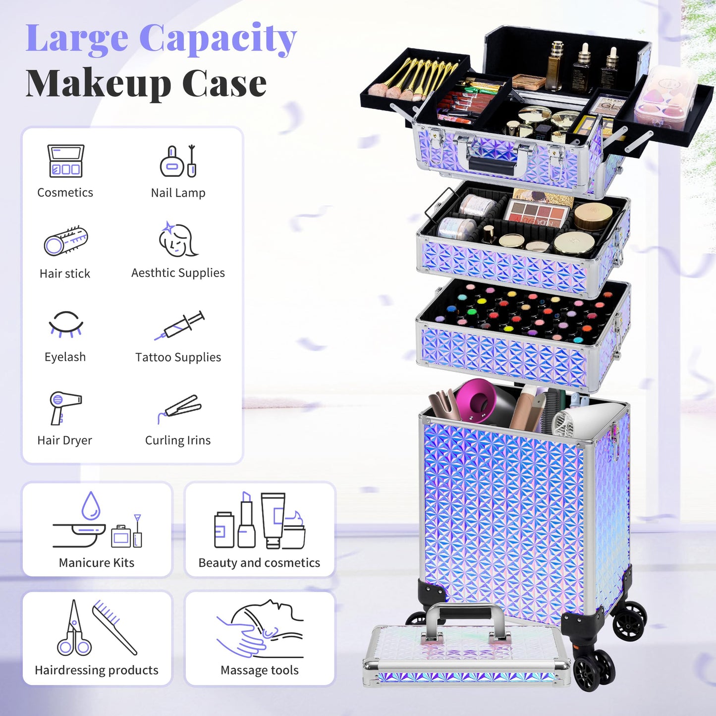 AROUS 5 in 1 Rolling Makeup Train Case Cosmetology Case on Wheels Large Cosmetic Organizer Travel Cart for Hairstylist Artist Nail Beauty Salon Barber,Silver