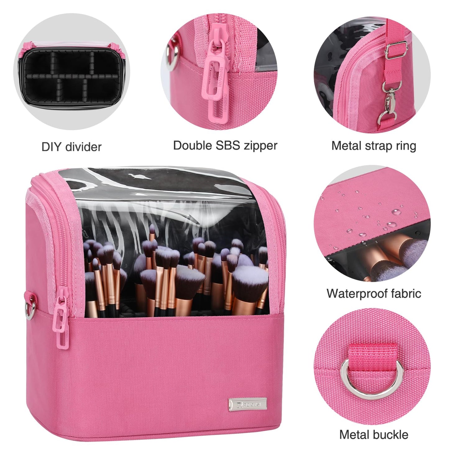 TANTO Makeup Brush Case Stand-up Makeup Cup Makeup Brush Holder Travel Professional Cosmetic Bag Artist Storage Bag Large Makeup Bag with Adjustable Divide (Rose Pink, 1-Large)