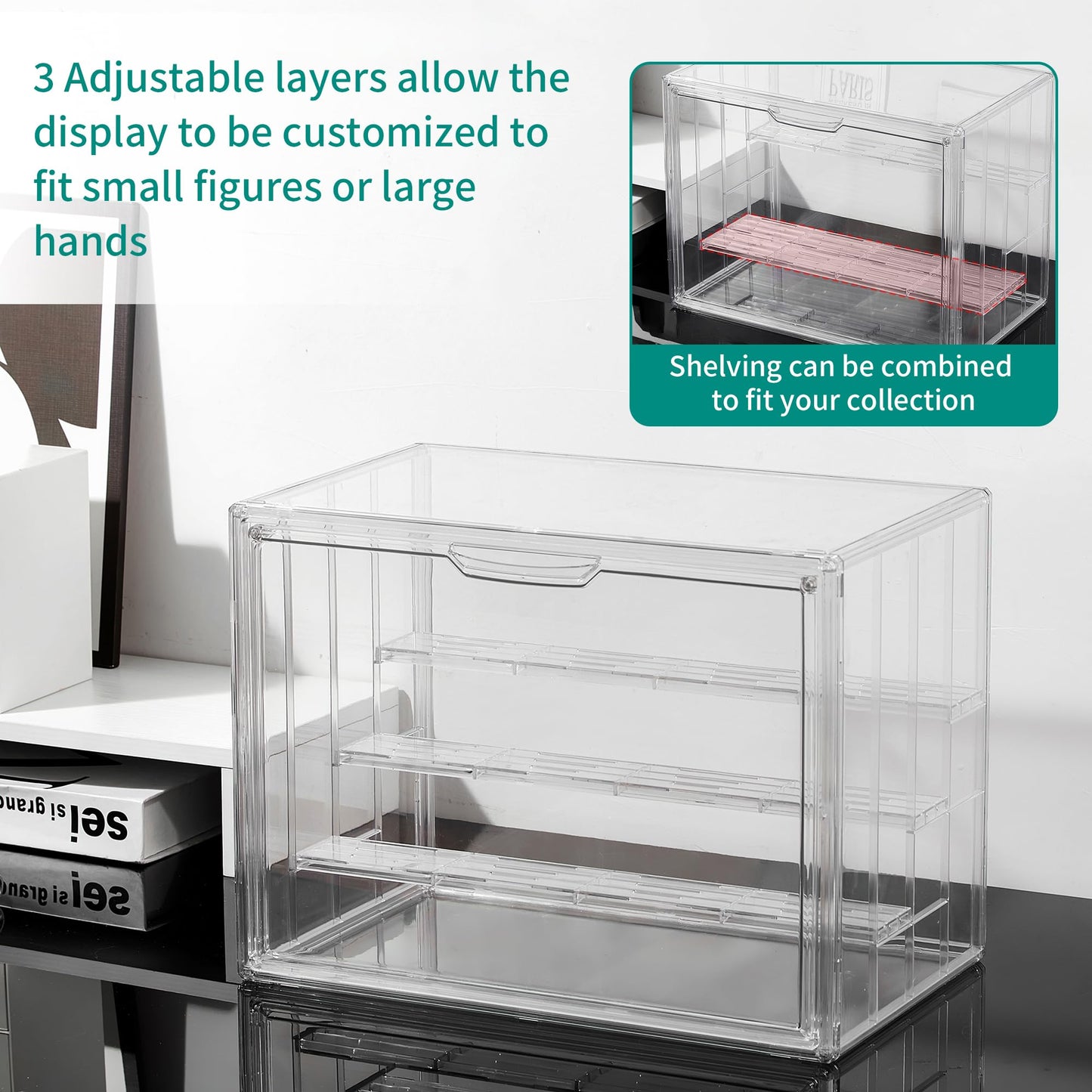 Attelite Acrylic Display Case,Upgrade 4 Tiers Clear Display Case with 3 Adjustable Divider, 4 Pack Stackable Large Storage Box with Magnetic Door for Collectibles Action Figures