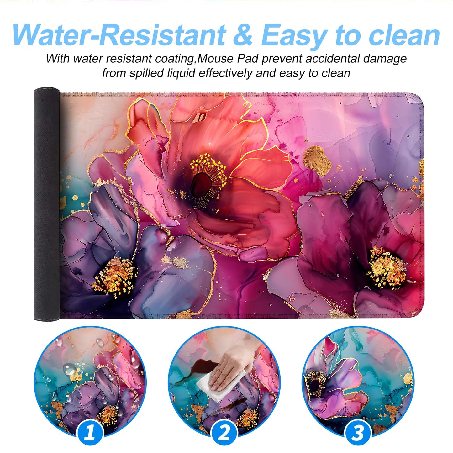 Floral Mouse Pad XXL – Large Desk Mat with Abstract Alcohol Ink Flowers in Pink, Purple & Teal, Extended Mousepad with Non-Slip Base for Office, Workstation, Gifts,31.5 x 11.8 in