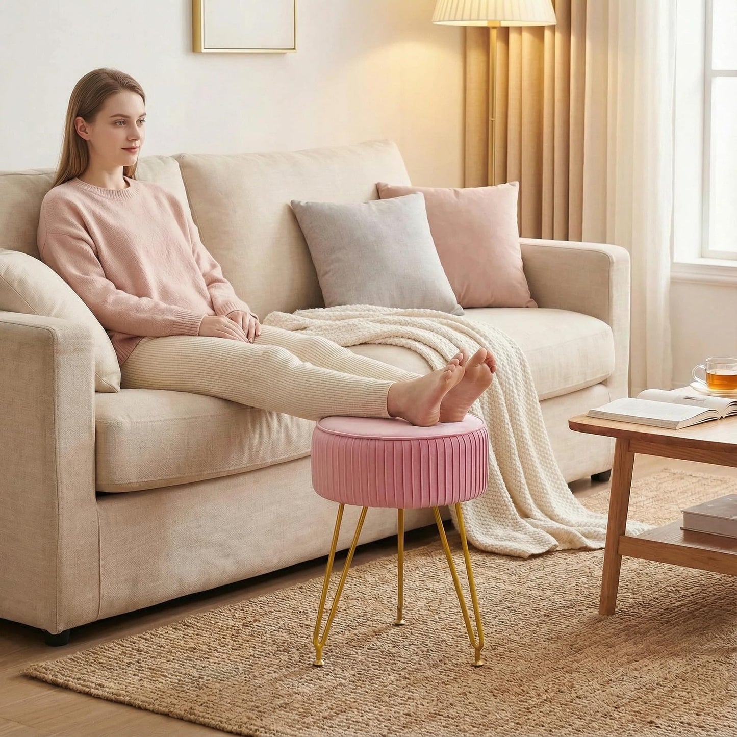 Leesingdo Velvet Vanity Stool, Modern Ottoman Foot Rest Stool with Adjustable Golden Legs, Makeup Chair for Vanity, Multifunctional Small Vanity Chair for Bedroom, Pink
