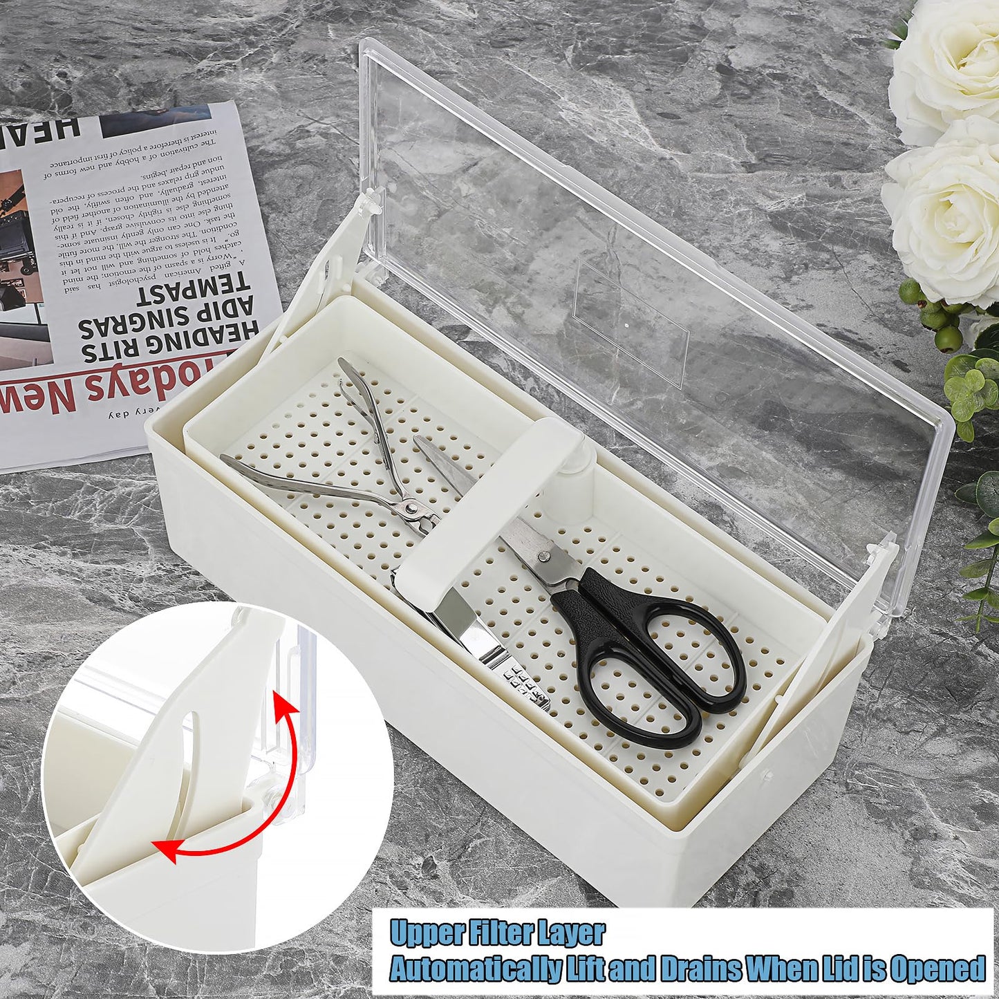 JUXYES Plastic Sterilizing Tray for Nail Art Accessories Tools, Portable Nail Art Tool Sterilizer Tray with Strainer, Storage Box Tool Box for Tweezer Manicure Tools Pedicure Tool