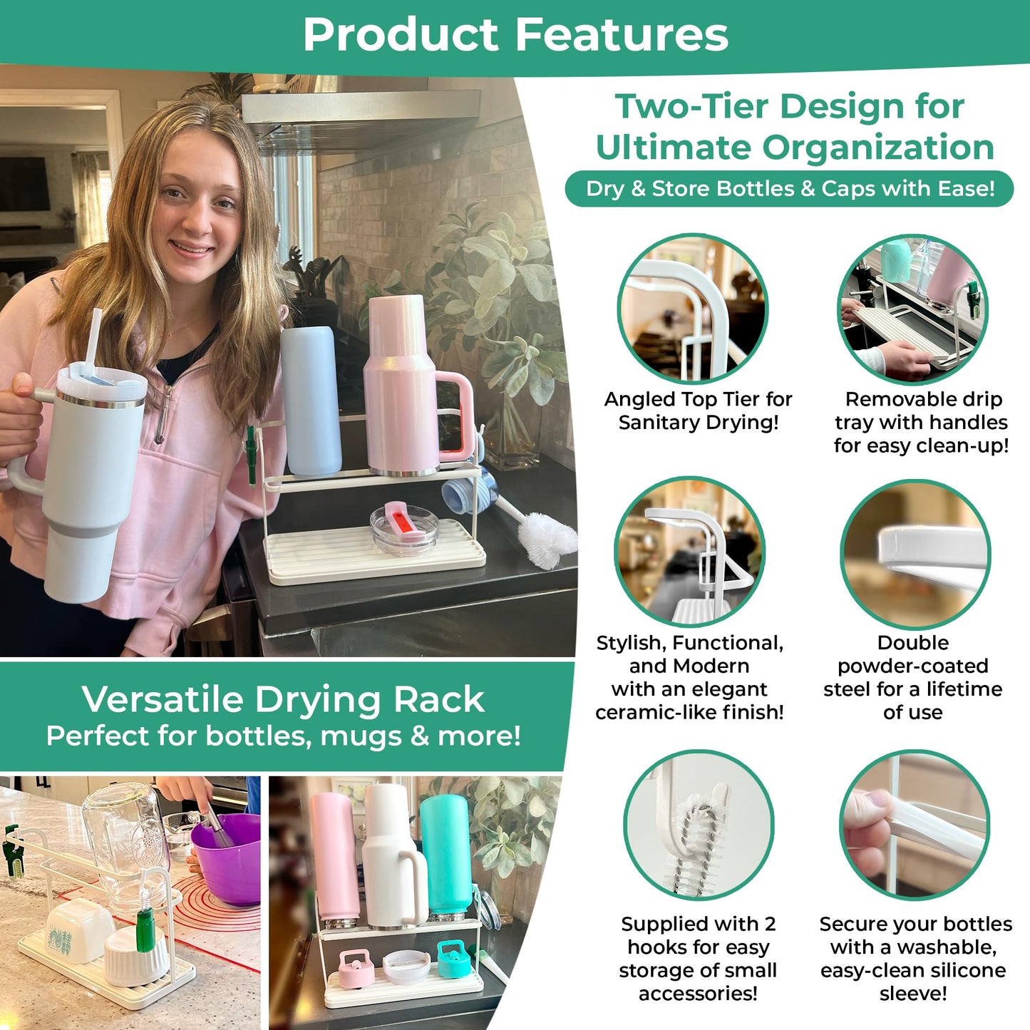 WAKUBON Cup Drying Rack for Counter, Water Bottle Drying Rack for Kitchen Counter, 2-Tier Tumbler, Mug and Glass Drying Rack with Drain Tray and 5-in-1 Cleaning Brush