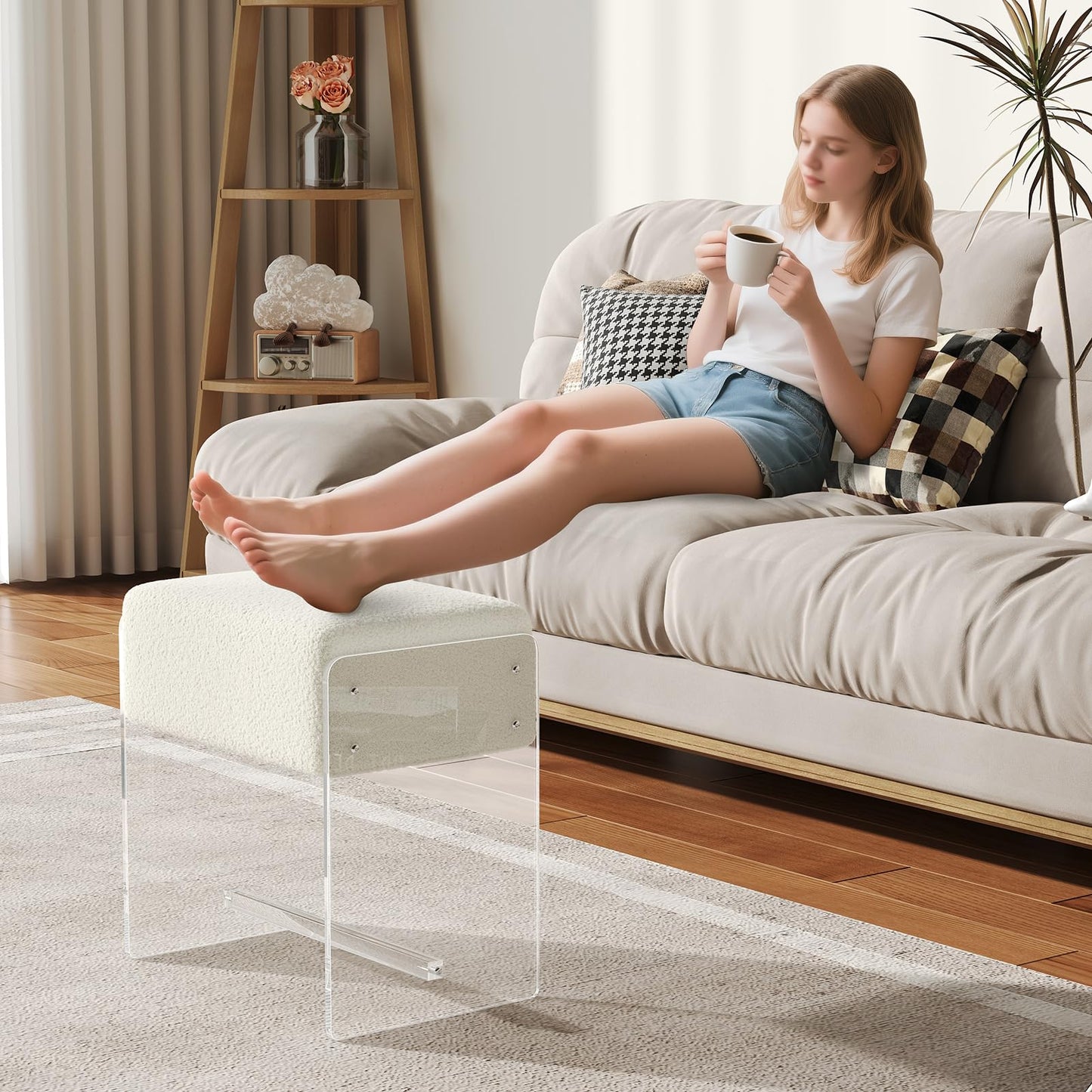 XOHYW Vanity Stool Chair, Soft Ottoman with Clear Acrylic Legs, Modern Padded Seat Footstool for Entryway, Hallways, Bedrooms and Living Room (White)