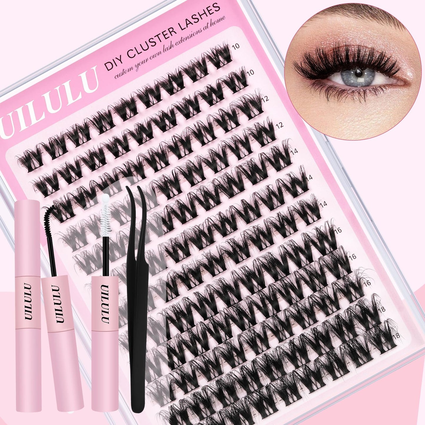 Uilulu Lash Clusters Kit for DIY Lash Extension at Home, False Eyelashes Set with Bond Seal, Lash Remover, Brush, Tweezers, D Curl Wispy Individual Clusters Eye Lash Extensions Kit (U10 Kit)