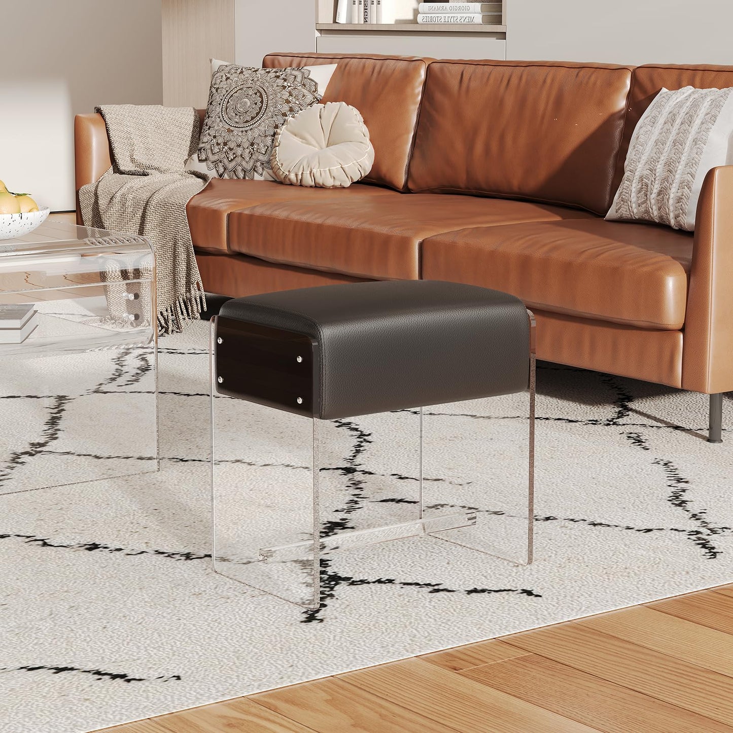 XOHYW Vanity Stool Chair, Soft Ottoman with Clear Acrylic Legs, Modern Padded Seat Footstool for Entryway, Hallways, Bedrooms and Living Room