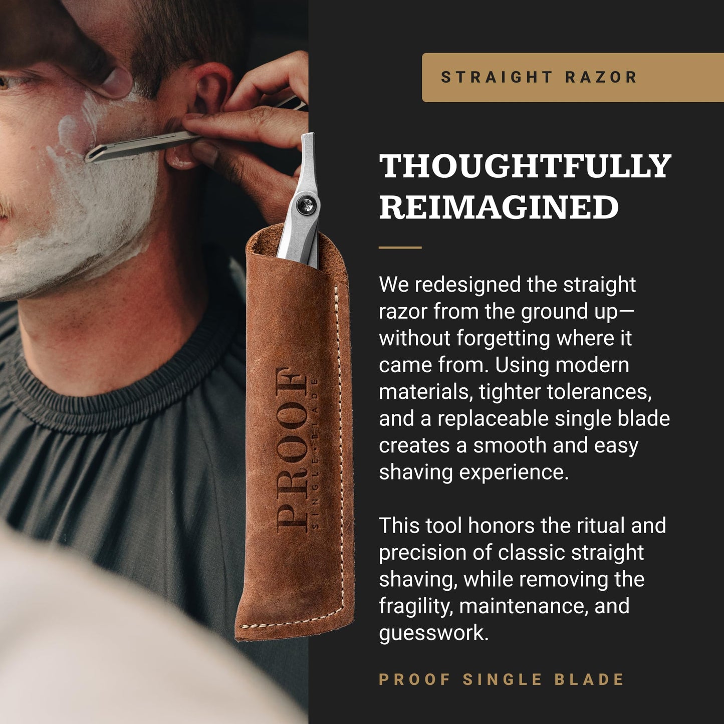 Proof Straight Razor for Men - CNC Machined Aluminum Single Blade Shaving Razor with Scalloped Edge, Lightweight Ergonomic Handle for Beard Shaping, Neck & Barber Style Shaves, Includes Leather Sleeve