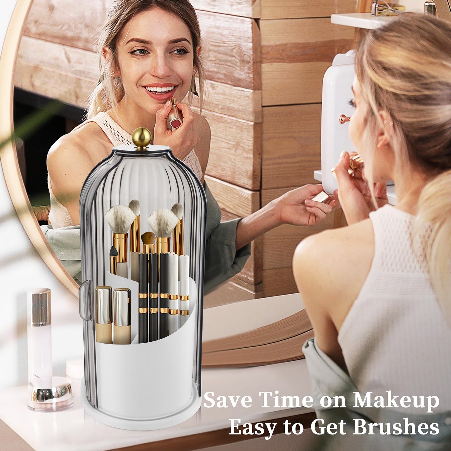 CHIZEKOO Makeup Brush Holder with Lid 360 Rotating Makeup Brush Organizer (Grey)