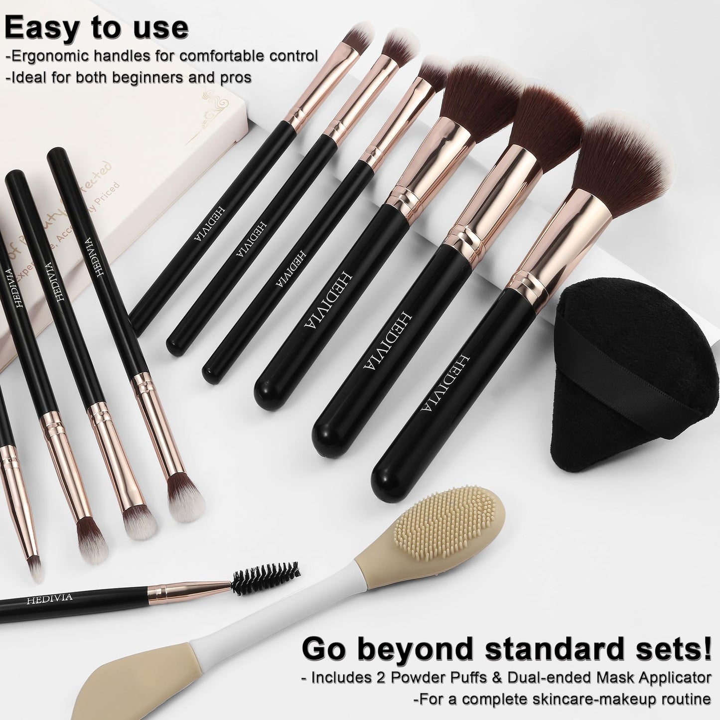 HEDIVIA Black Makeup Brushes Set 14 Pcs Professional, Premium Synthetic Foundation Makeup Brush Concealer Powder Blush Eyeshadow Brushes with 2 Powder Puff & Dual-ended Mask Applicator.Gifts for Girls