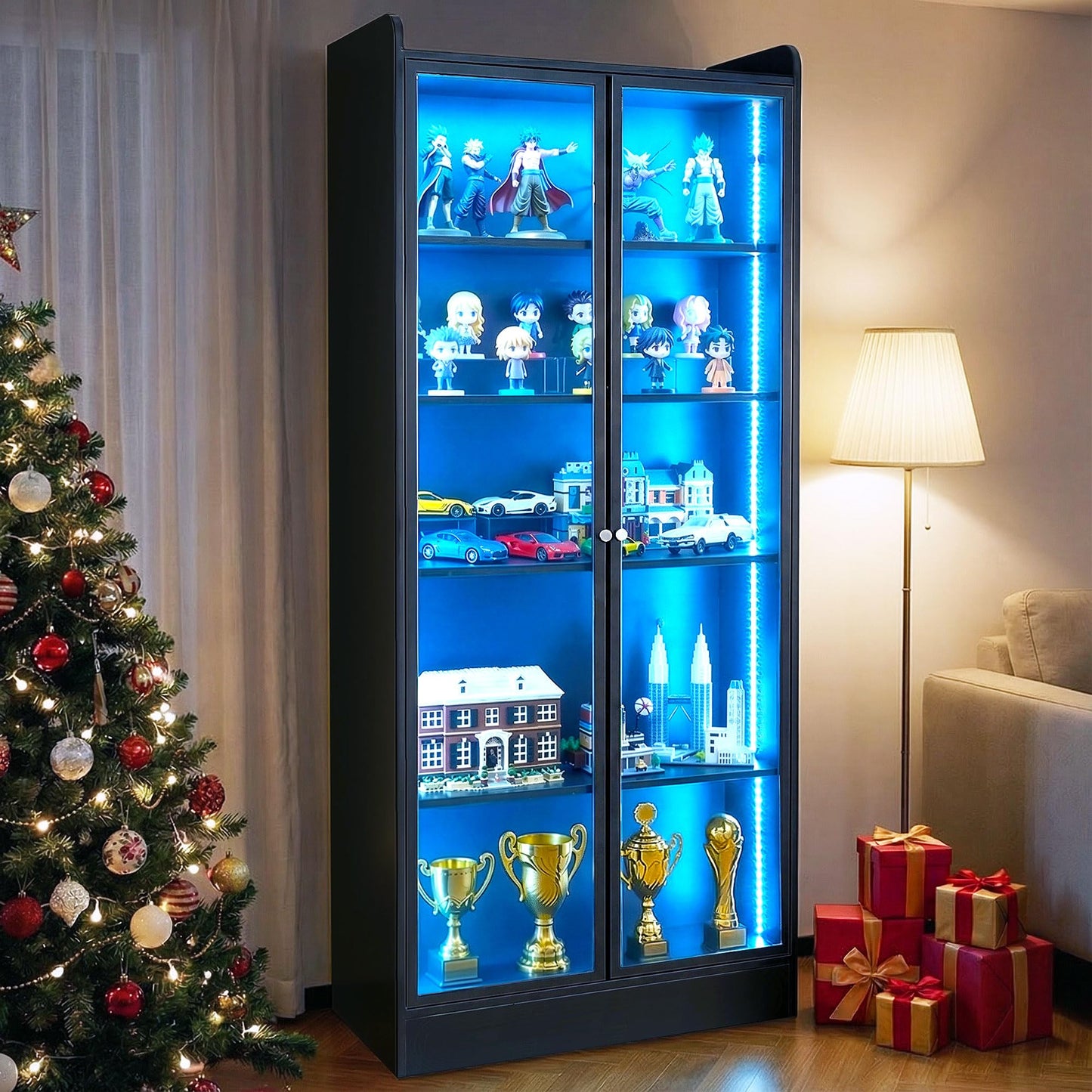 VEVOR Display Cabinet with Doors, 67in Tall Display Case with 2 Adjustable Shelves, 3 LED Lights, 5-Tier Curio Collectibles Storage Cabinet, Bookshelf Bookcase for Pantry Bedroom Living Room Office