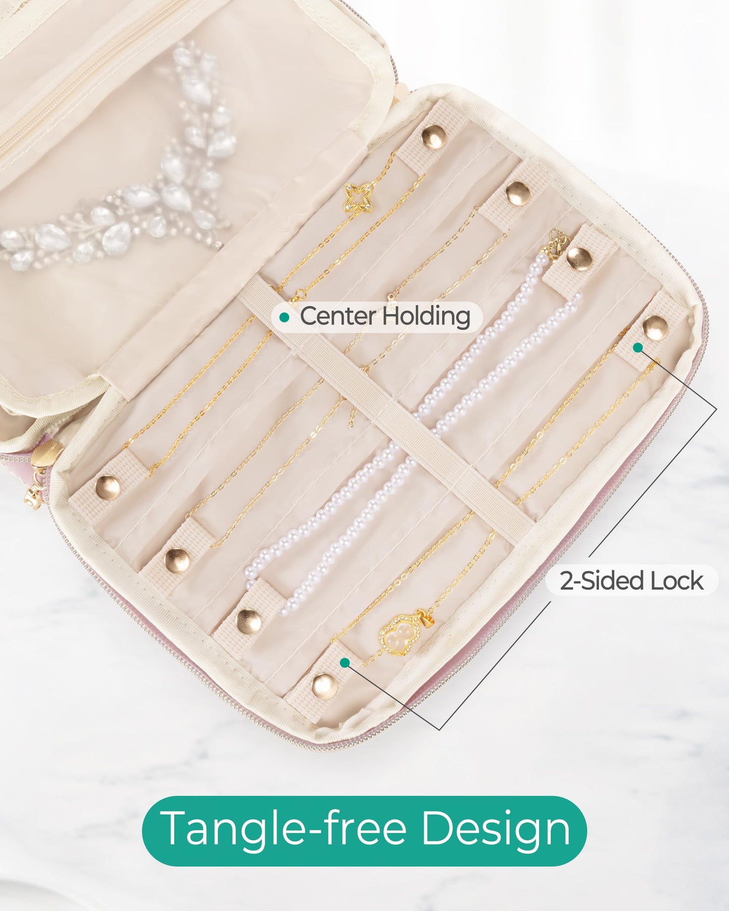 Marscamd Travel Jewelry Organizer Case for Women, Foldable Jewelry Bag for Earrings, Rings, Necklaces, Bracelets, Brooches, Pink
