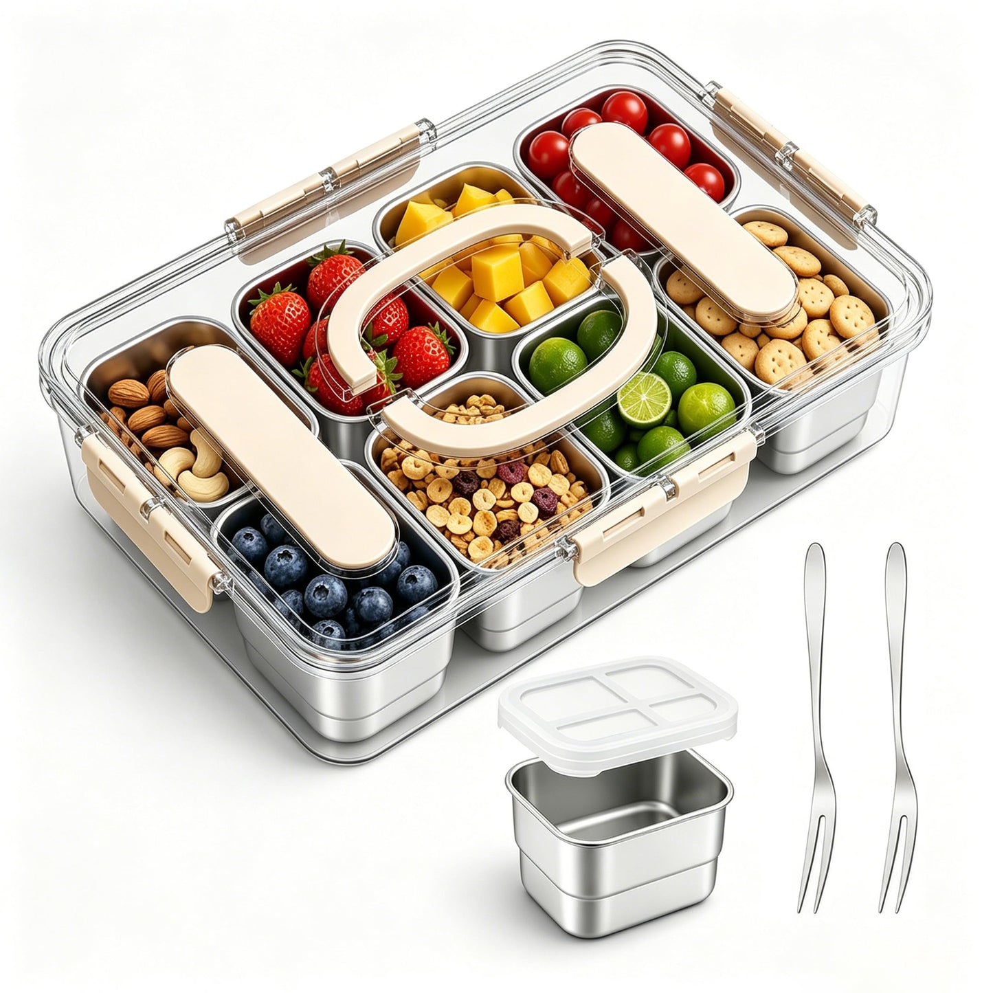 KAVRENOLIX Snackle Box Container,Stainless Steel Divided Serving Tray with Lid & Handle,8 Removable Compartments & Silicone Lids for Snacks Fruit Salad,Portable Storage Box for Picnic Travel Party
