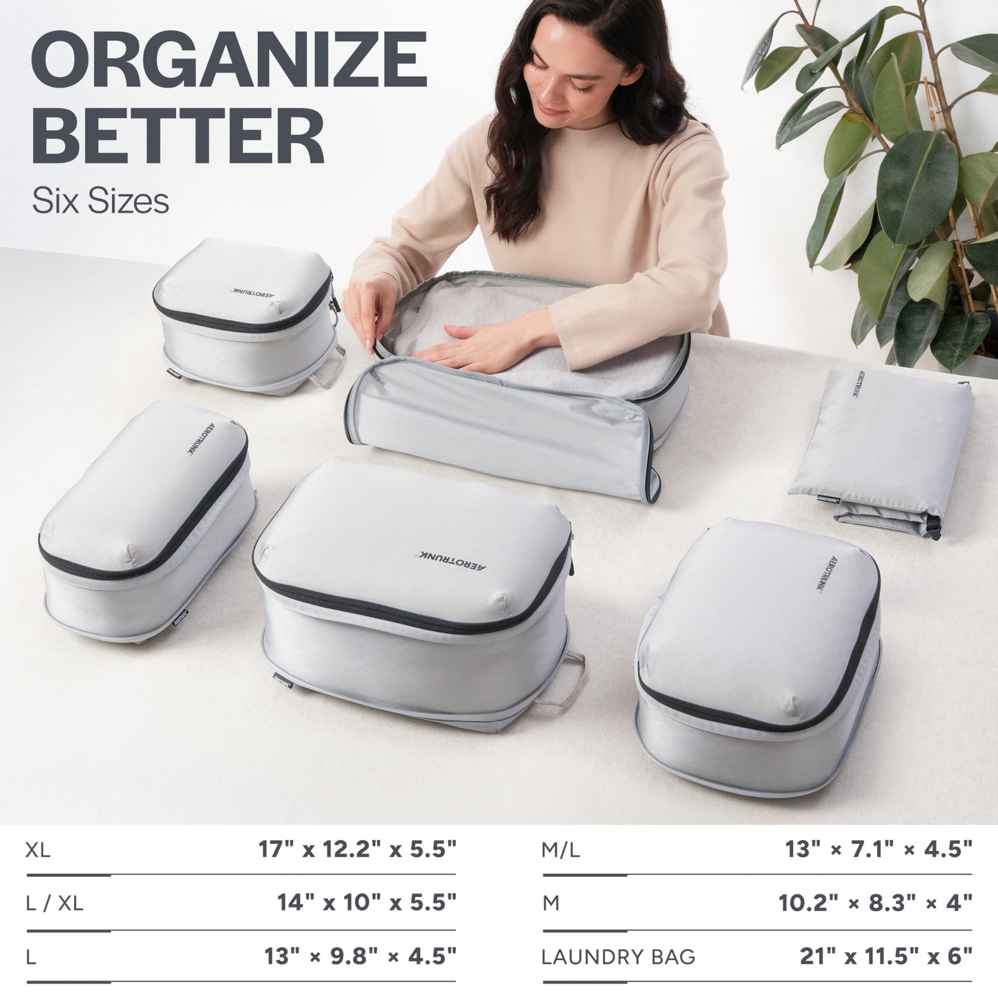 Aerotrunk Ultralight Compression Packing Cubes - Lightweight Travel Organizers for Suitcases and Luggage (6-Pack, Light Grey)