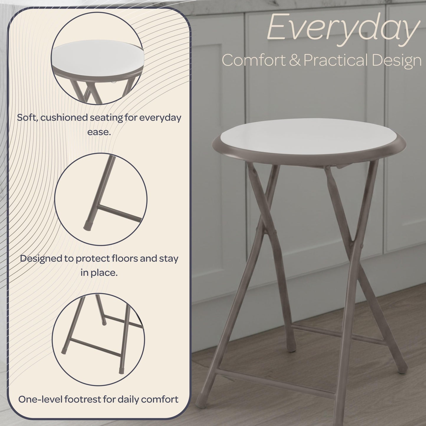 Folding Stool - Backless 18-Inch Stool with 225lb Capacity for Kitchen or Rec Room - Portable Indoor Counter Bar Stools by Lavish Home (White)