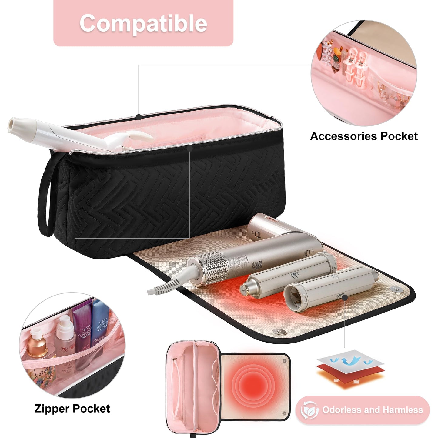 Leudes Hair Tools Travel Bag for Women Heat Resistant Mat for Travel Essentials Hot Tools Straighteners,Flat Irons,Curling Iron,Hot Air Brushes and Hair Dryer Organizer Bags 2 in 1(Black)