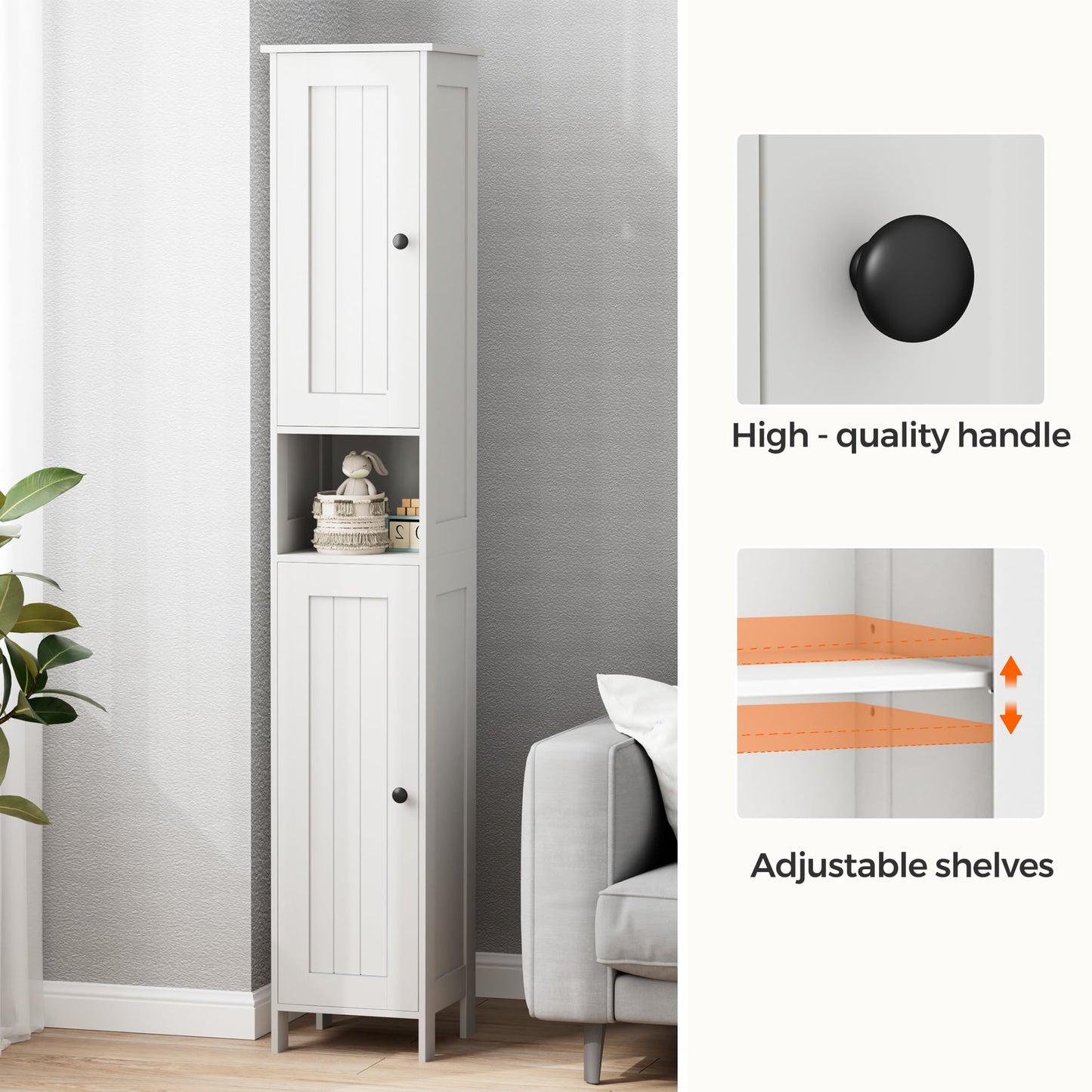 Homleke Tall Bathroom Storage Cabinet with 2 Doors, 67"H Narrow Storage Cabinet with Adjustable Shelves& Anti-Tip Design, Reversible Door Installation, Easy Assembly, 11.8 x 11.8 x 66.9 Inches, White