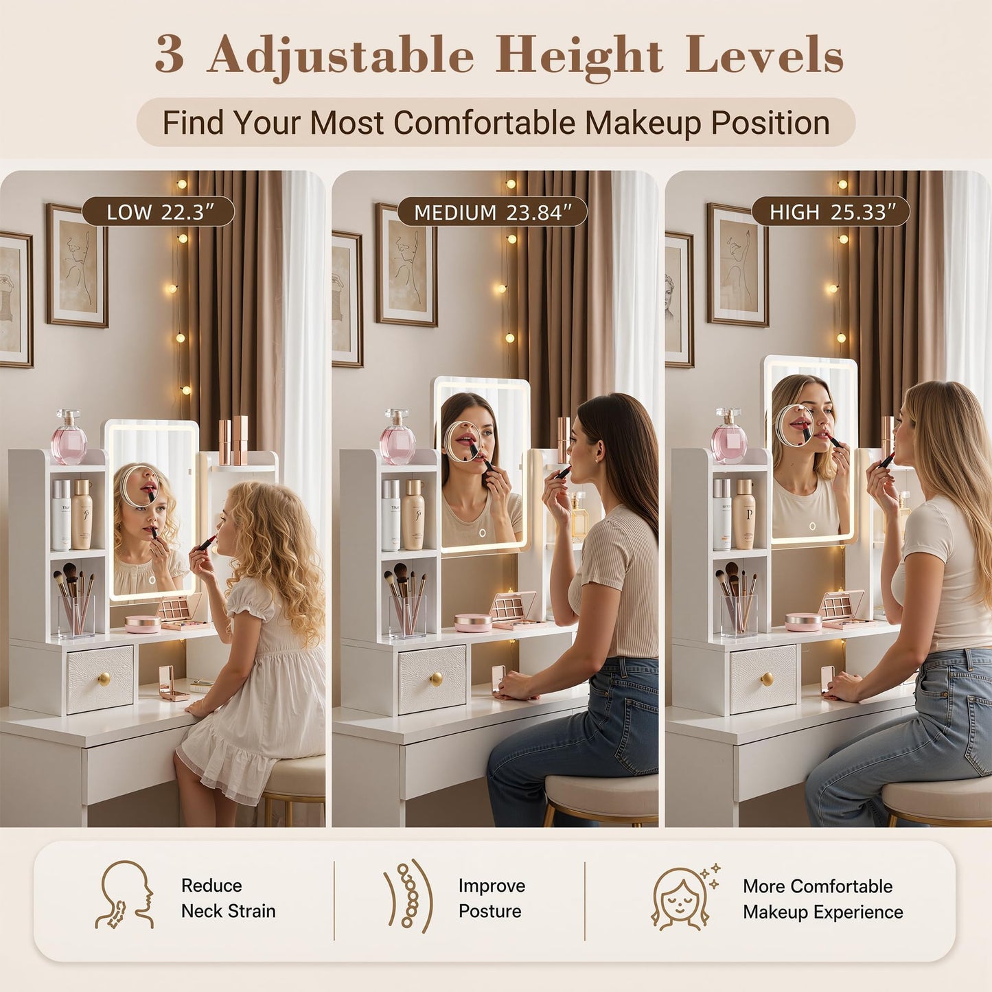 AFLUI Vanity Mirror with Lights, Makeup Mirror with Drawers and Storage