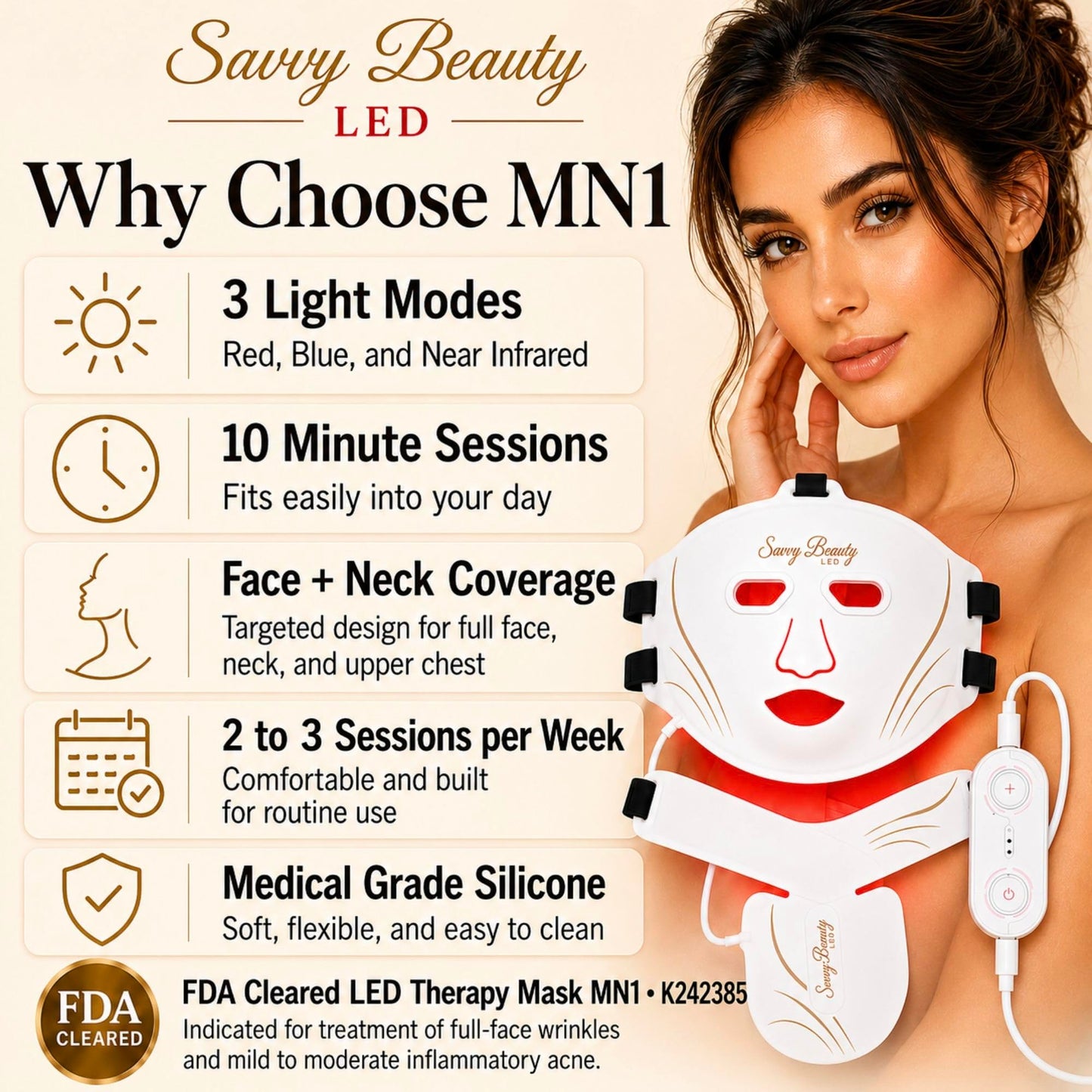 Red Light Therapy Mask for Face and Neck, Red Blue Infrared Mixed Light Modes - MN1 Phototherapy Device for Full Face Wrinkles, Mild to Moderate Acne, Topical Heating and Local Blood Circulation