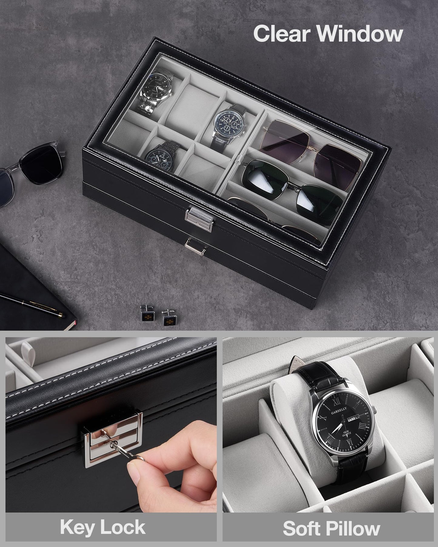 ProCase Mens Jewelry Box, Lockable 6 Slot Watch Case & 3 Slot Sunglasses Organizer, 2-layer Mens Jewelry Organizer Watch Box for Men, Watches Holder Display Storage, Fathers Day Gift -Black