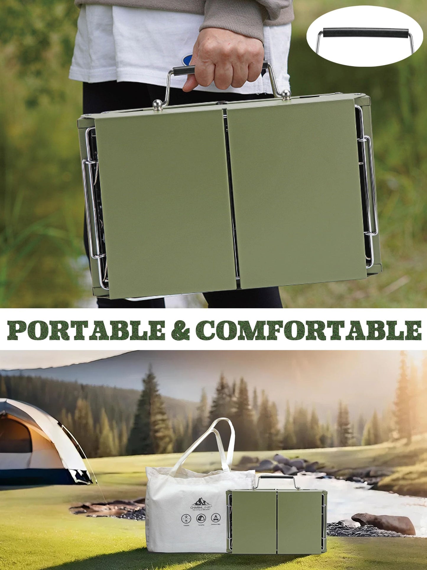 Charmline 14 x 9 inches Small Portable Charcoal BBQ Grill, Foldable Compact Camping Barbecue for 1–3 People, Ideal for Garden, Beach, Picnic & Tabletop Use, Green
