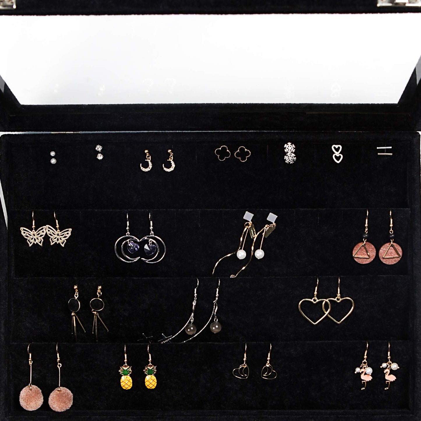 Frebeauty Earring Organizer Tray with Clear Lid 64 Slots Velvet Drawer Insert Earring Storage box with Transparent Glass lid Jewelry Display Case with lock Gifts for Women (Black, Earrings)