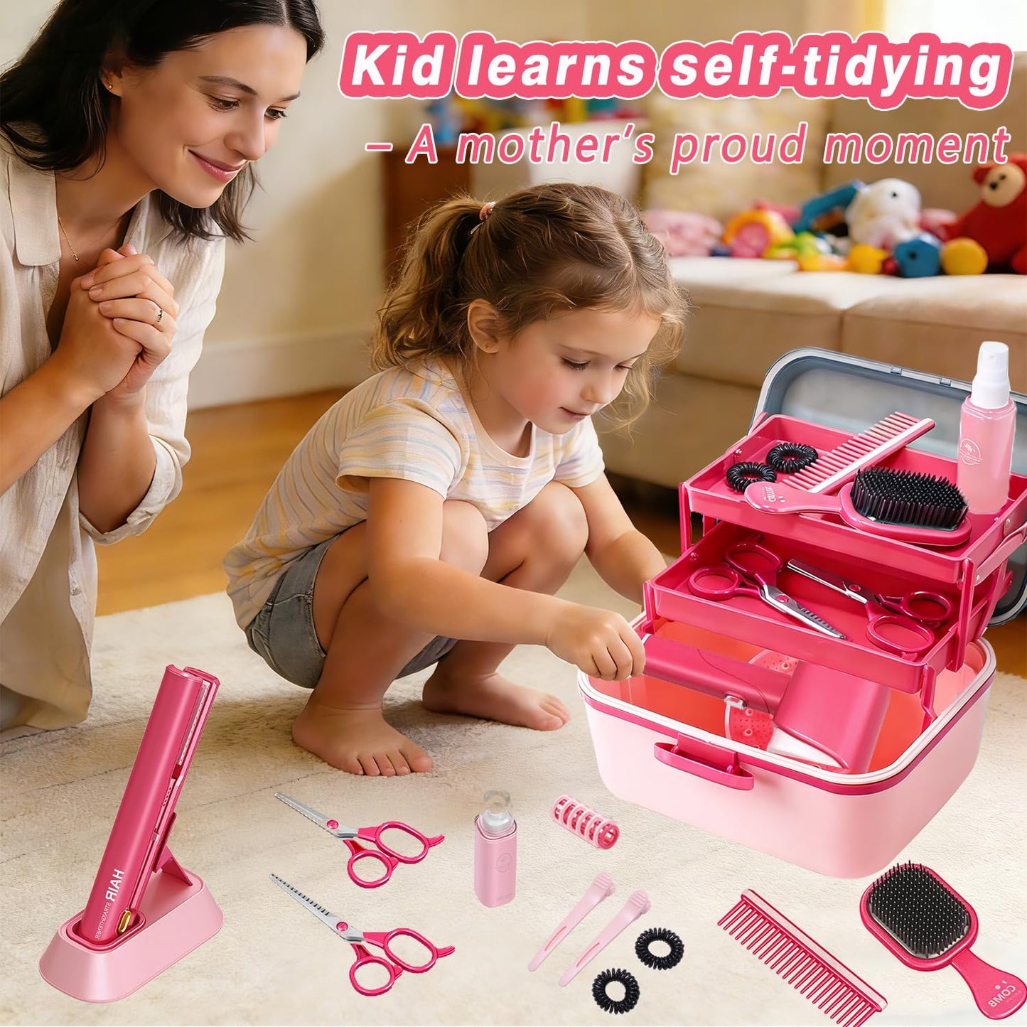 Hair Salon Toys for Girls 3-8,Pretend Hair Styling Set Barber Accessories Makeup Kit with Interactive Lights & Sounds,Educational Dress-Up Toy Vanities Birthday Gifts for Kids Ages 3,4,5,6,7,8