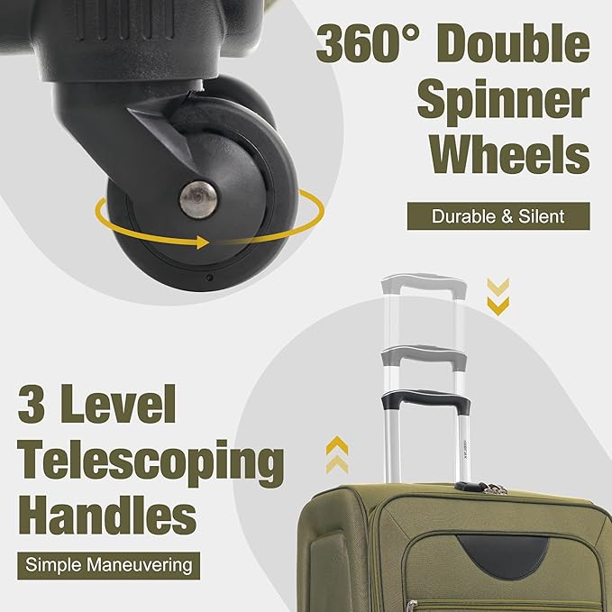 Merax Softside Luggage Set 3 Piece Suitcase with Duffel Bag Spinner Wheels Lightweight Expandable Travel Luggage 22" 26" 30",Army Green