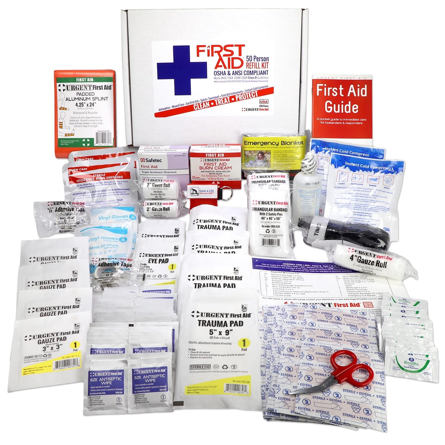 OSHA & ANSI 2021 Class B Refill Kit, 50 Person, 208 Pieces-First Aid Refill