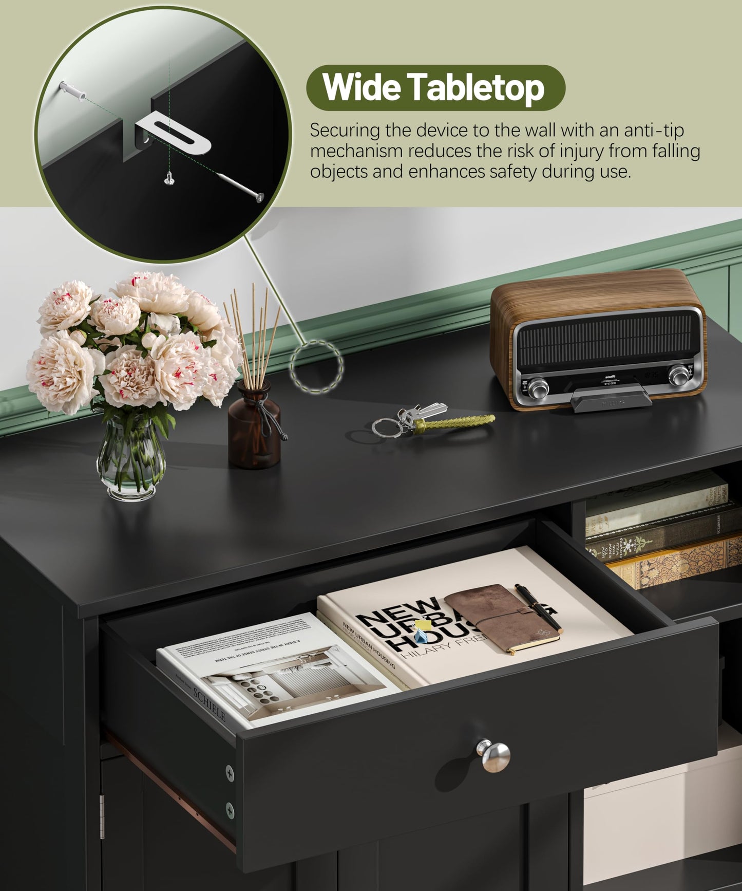 Keehusux Black Bathroom Floor Cabinet with Large Drawer, Floor Storage Cabinet with Doors & Adjustable Shelves, Modern Storage Cupboard with 3 Open Shelves for Kitchen, Living Room, Entryway