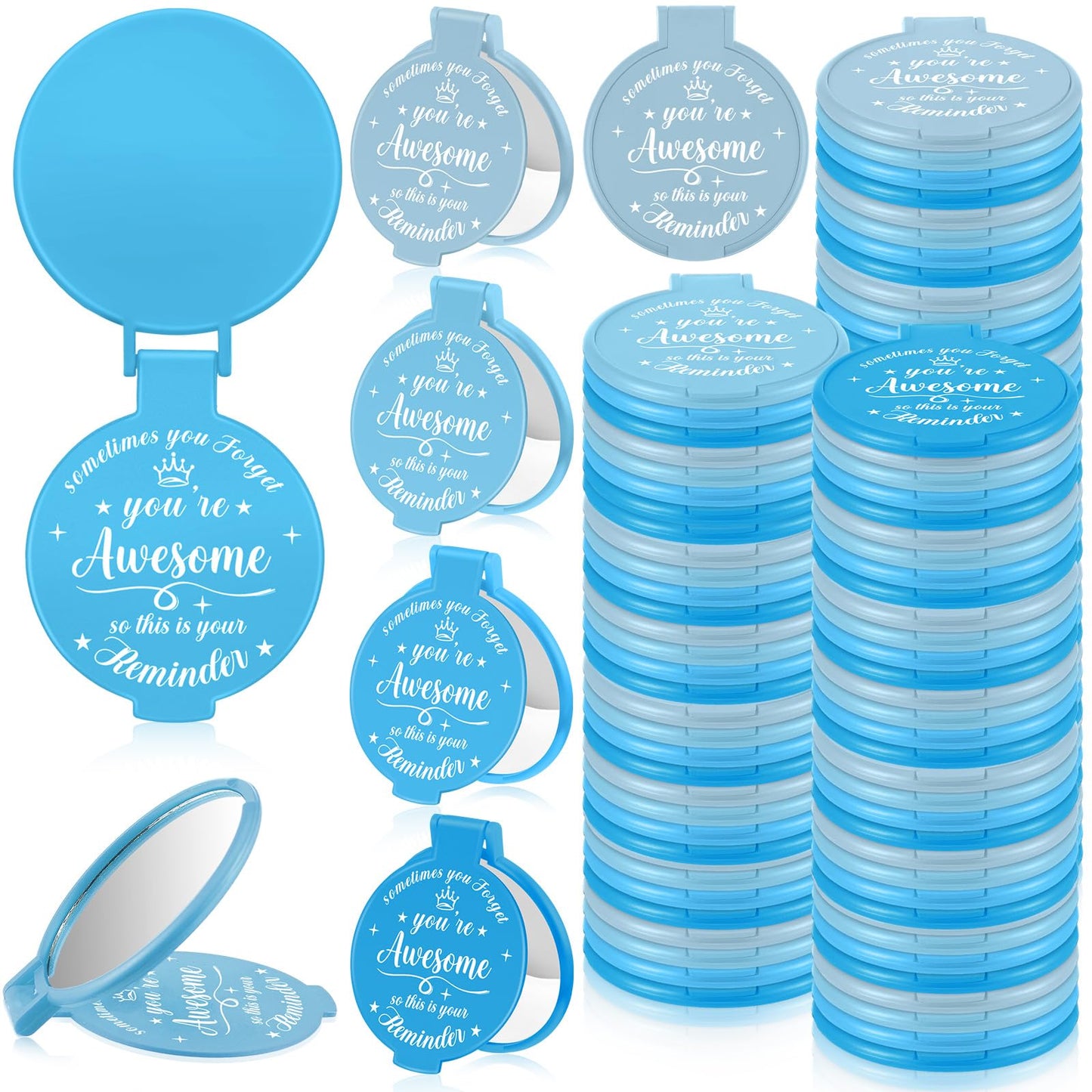 Gulfmew 100 Pcs 2.76 Inch Inspirational Compact Mirror Bulk Women Small Gifts Graduation Mothers Day Party Favors Purse Mirror Pocket Mini Items for Adult Coworker Cheerleader Swag Bag (Blue Series)