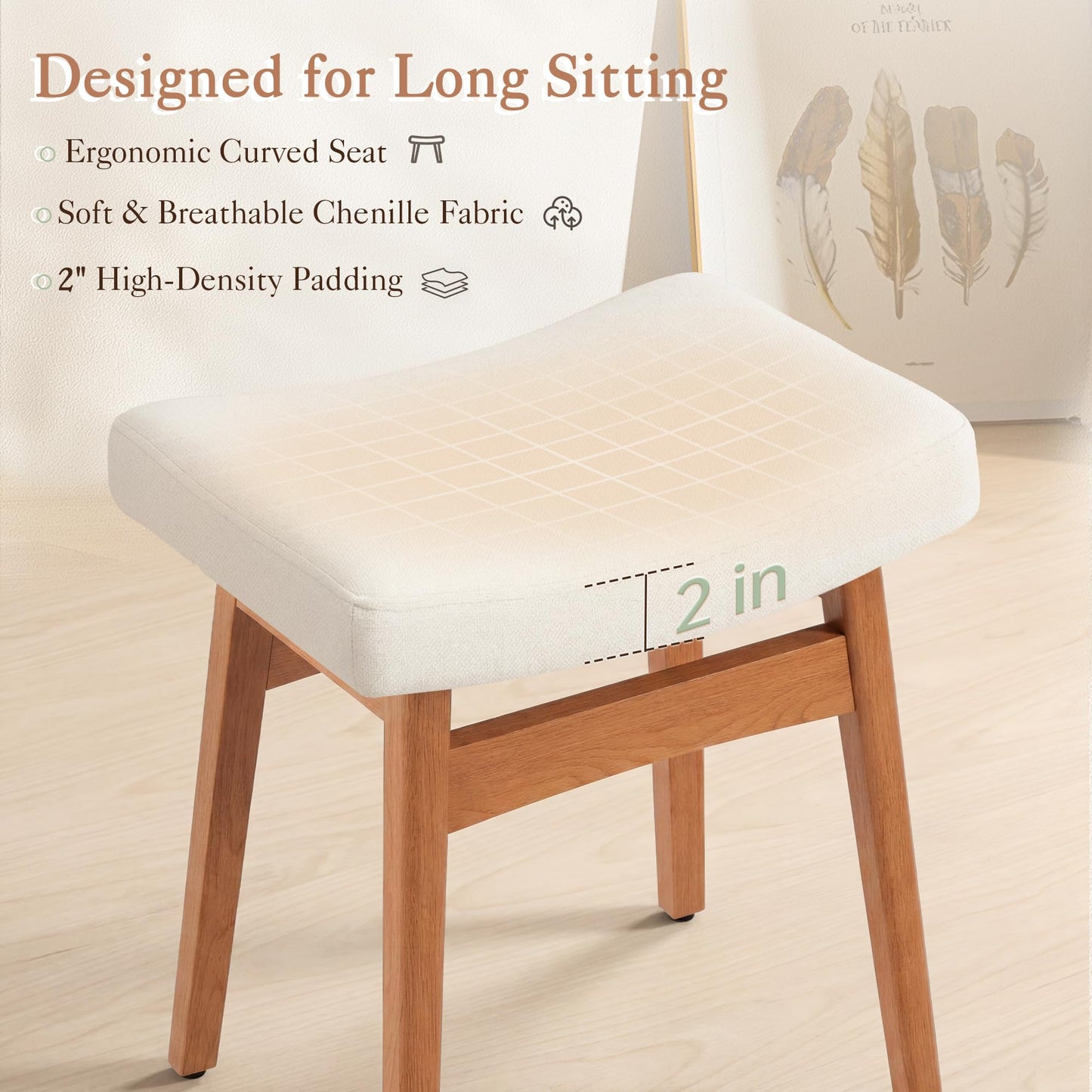 LUE BONA Solid Wood Vanity Bench Stool, 17.3" H Ergonomic Saddle Stool, 2'' Sick Upholstered Vanity Chair for Makeup Room, Bedroom & Bathroom, 300lbs, Beige